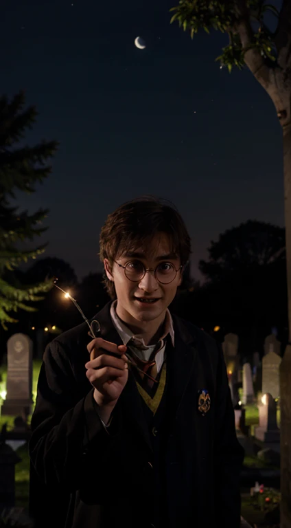 Cheerful Harry Potter smokes marijuana in a cemetery, Moonlit night, surprised face, Masterpiece, red-eyes, growing marijuana on a grave,