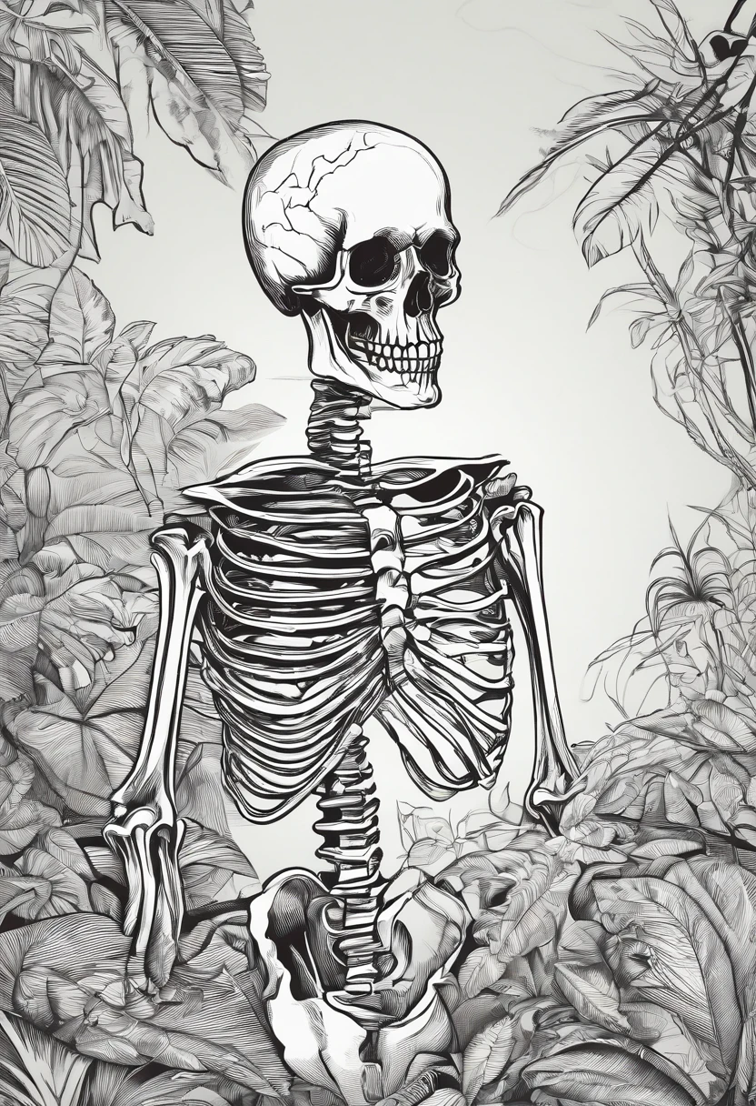 a skeleton ((showing the middle finger)) in the jungle