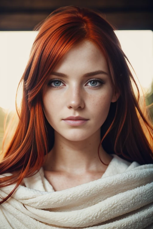 beautiful red-haired woman, freckles, dark makeup, hyper-detailed photography, soft light, head and shoulder portrait, blanket