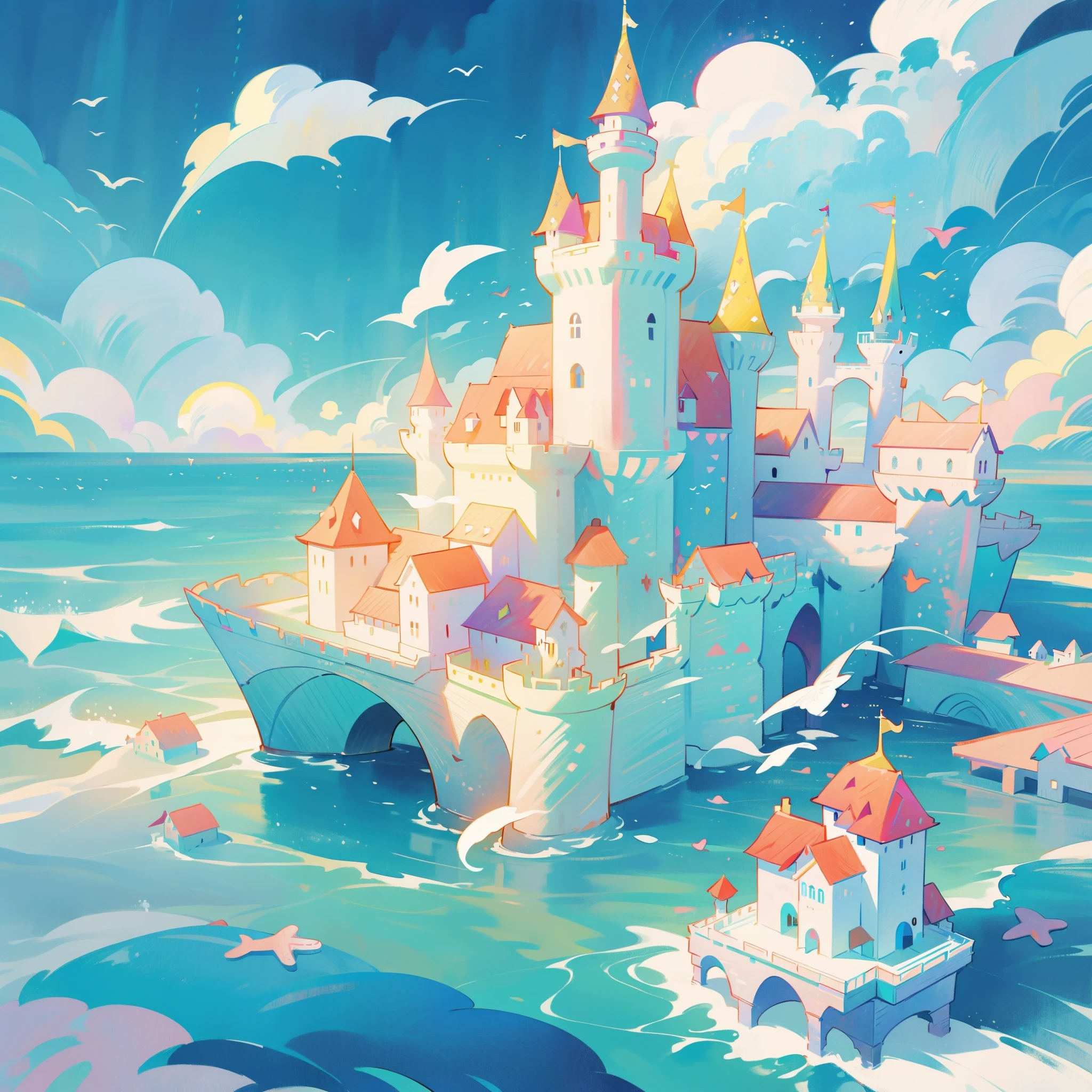 picture book illustration, watercolor storybook illustration, ((seaside castle)), (ocean beach), ((fantasy castle)), fairytale towers, clouds, vibrant pastel colors, dream, colorful, whimsical, magical, masterpiece, best quality, sharp focus, intricately detailed environment, fine detail, 8k resolution, (colorful), cute