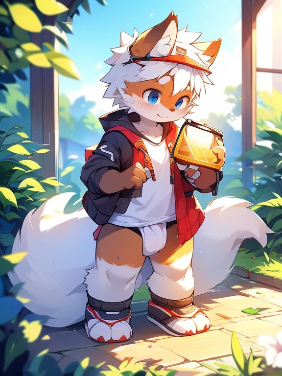 author:jerix, author:Kirito, mammal, hairy pubic hair, male people, Alone, dressed in, Sun Visor, 夏天,Stood up,white color hair,White ears,White hair,pure white