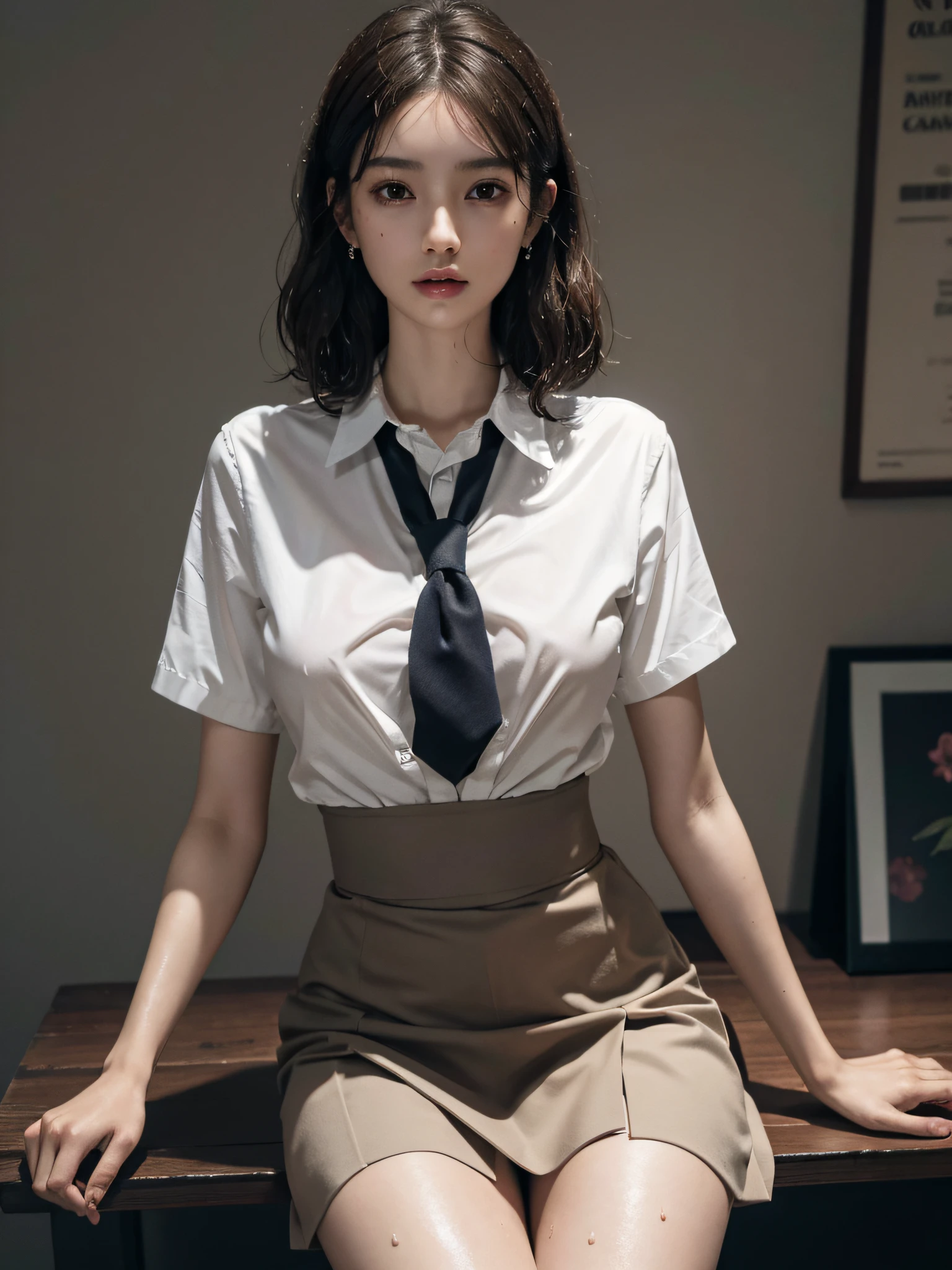 absurderes, Raw photo, Extremely delicate and beautiful, masutepiece, Best Quality, Ultra High Resolution, 16 K, hyper realisitic, Ultra-detailed, Perfect Anatomy, super detailed skin, Perfect figure, Very detailed CG 8k wallpaper, in her 20s, Very slim body, Narrow waist, Very small head, Very small face, Delicate facial features, tear moles, Earring, thin legs, (very massive round chest), Full body shot, Short hair, (Wavy Hair), (light brown hair), (Wet clothes), ((1 rapariga)), ((School uniform)),