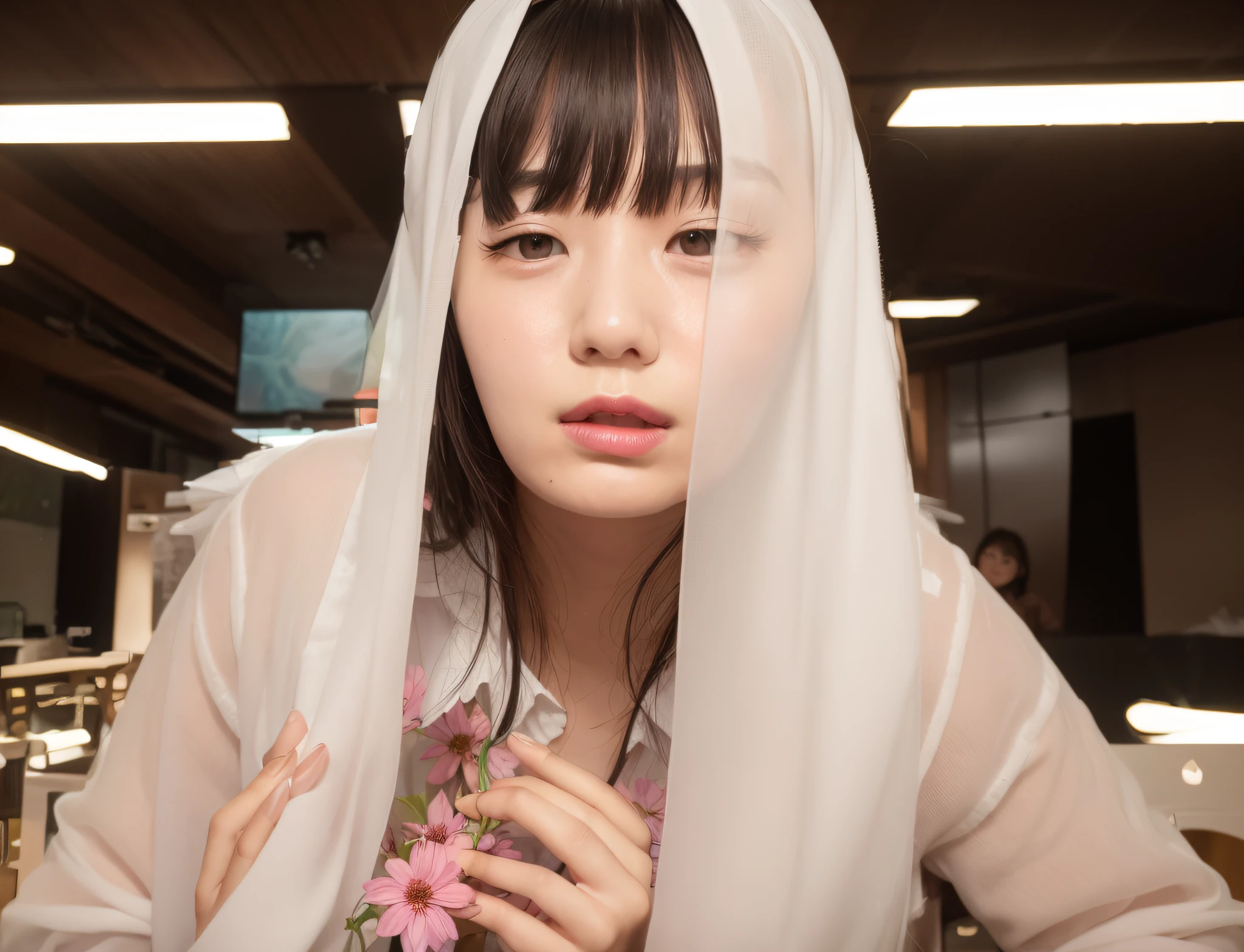 Lots of flowers、Change only your clothes、Change only the background、Leave the face as it is。Clothes are pink、exploding flowers