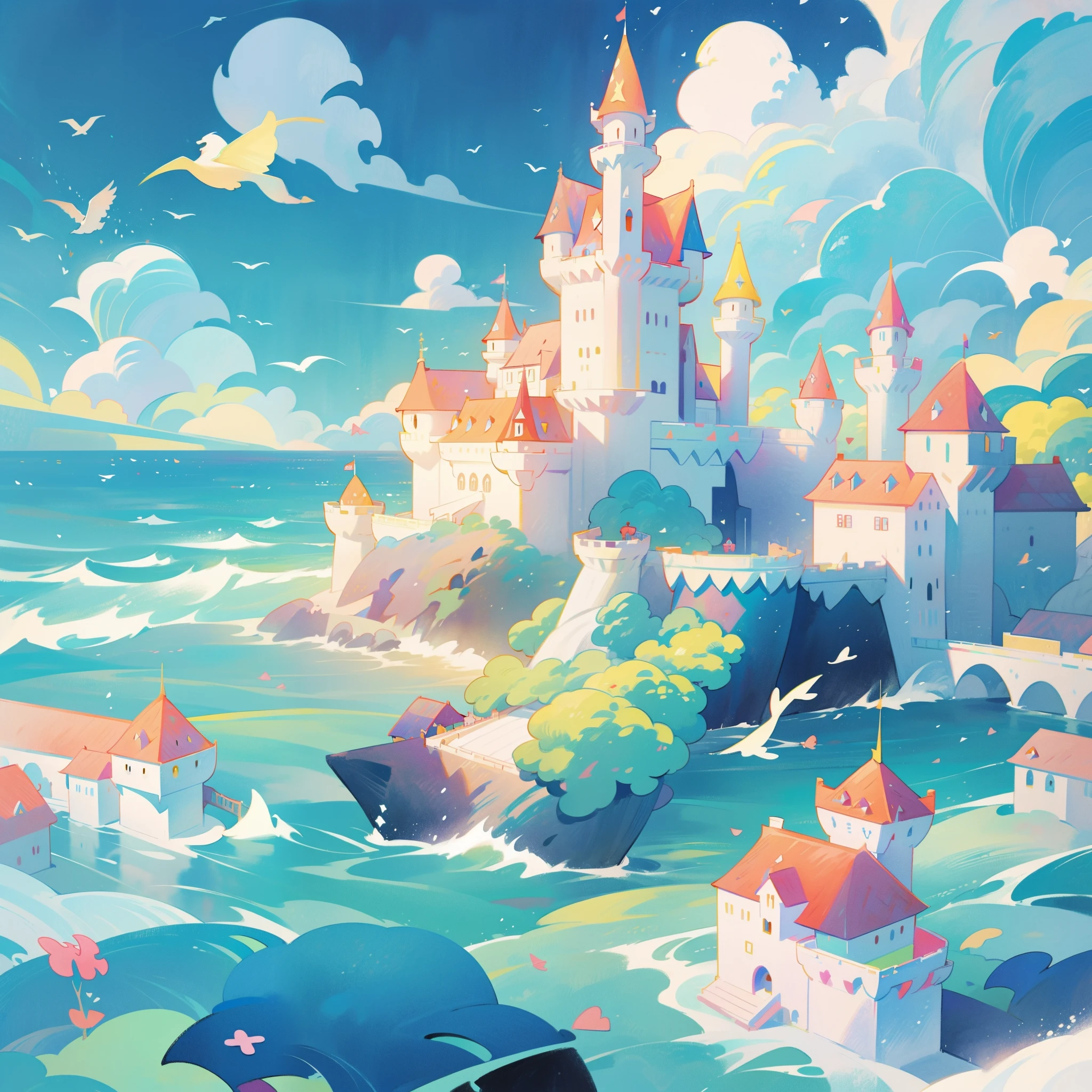 picture book illustration, watercolor storybook illustration, ((seaside castle)), (ocean beach), ((fantasy castle)), fairytale towers, clouds, vibrant pastel colors, dream, colorful, whimsical, magical, masterpiece, best quality, sharp focus, intricately detailed environment, fine detail, 8k resolution, (colorful), cute