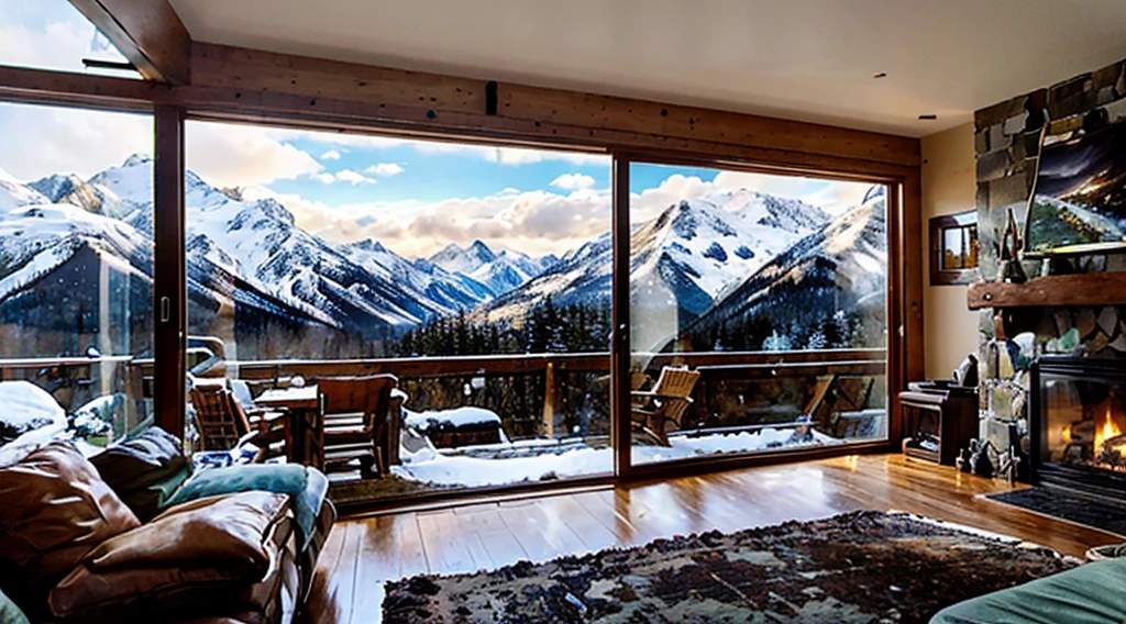 A cozy mountain house surrounded by a stunning landscape, with large windows that let in natural light and offer a panoramic view of the snow-capped mountains. The interior is decorated with comfortable furniture, a lit fireplace and a welcoming atmosphere, inviting you to relax and enjoy the tranquility of nature