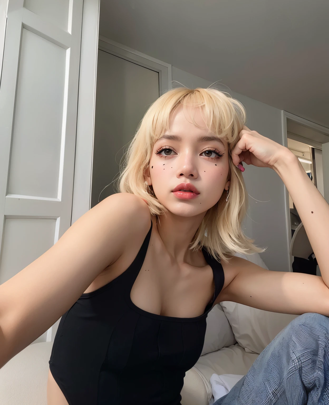 a close up of a woman with a tattoo on her arm, 🤤 retrato da menina, Ela tem cabelo preto com franja, de menina taiwanesa com tatuagens, Beautiful Asian girl, menina bonito-fino-cara, com tatuagem facial, kawaii retrato realista, com cabelos longos e olhos penetrantes, beautiful aesthetic face, com franja completa, com franja, Cruel Korean Gothic Girl Lalisa Manobal