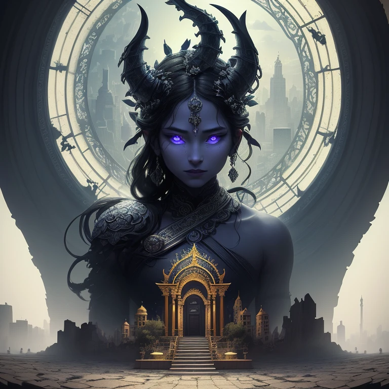 Absurd, high resolution, ultra-detailed, broken, design a beautiful temple scene, intricate Babylone architecture, lush gardens, and a sense of peace and spirituality. Broken, creating an image of a destructive demon with terrifying features, dark powers, and a thirst for chaos and destruction. Broken, designed with a fisheye effect image that captures a wide field of view with a unique curved viewing angle. Break to create rooftop views in urban environments with panoramic cityscapes, dramatic skylines, and a sense of elevation. Break , illustrating the tender moments between black angel king and energy of purple color, capturing their bonds, love, and connection. Broken, using pointillism to illustrate images, carefully placed tiny dots of color to create a cohesive and visually stunning whole.