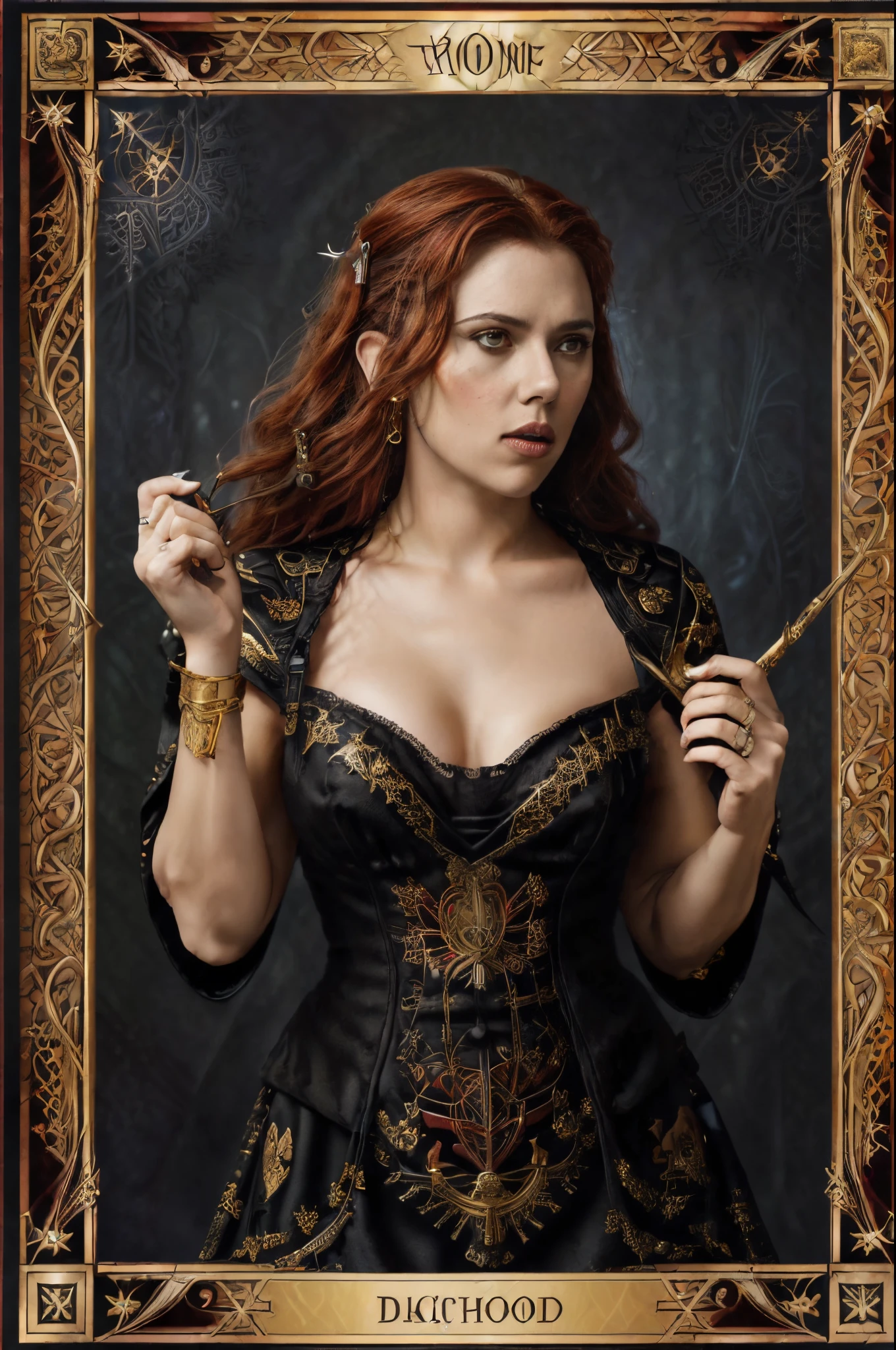 tarot cards，Full tarot border，(Image surrounded by tarot card style border:1.8), ，hades，The Grim Reaper armed with a giant scythe，(Scarlett Johansson （Scarlett Johansson）Playing with the）dressed in：black toga，with curly red hair，Roman mythology，8k wallpaper,Eyes of good quality，delicated face，correct hand， ultra - detailed, Beautiful and beautiful, tmasterpiece, Best quality at best, The is very detailed, dynamic angle, cow boy shooting, Chaos in its most beautiful form, Elegant, Fauvistdesign, Vibrant colors, romanticism lain, hell,  volcanoes，magma，skulls, bloods，Schiller，Scythe in hand，vintagestyle，（tangled，datura，Tangles，entangled）， (s fractal art: 1.3)，divinelight，gold foil，Gold leaf art，Flash drawing，Full tarot border，（full bezel 1.5），Fang Yi，（border centered：1.8）