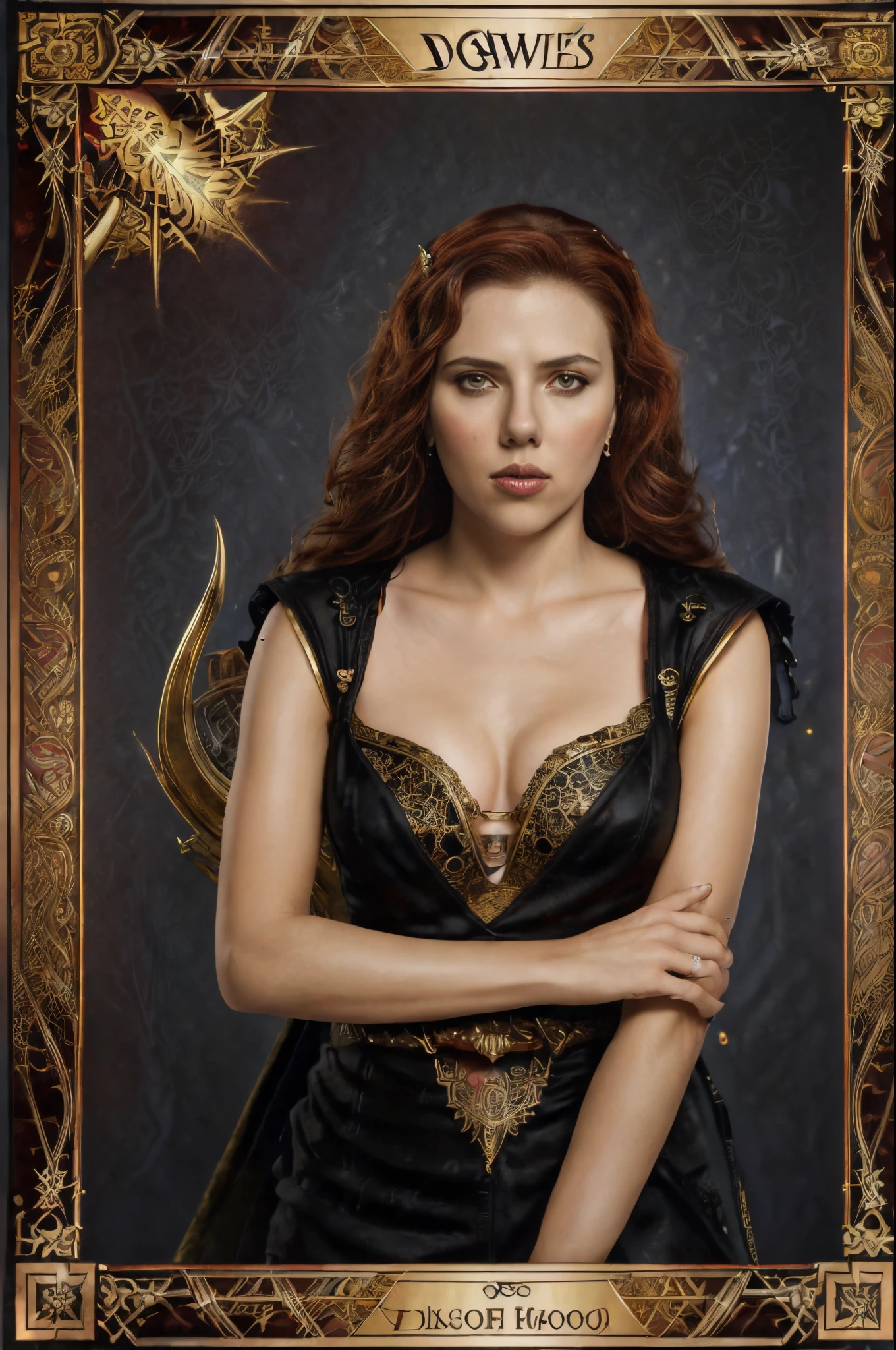 tarot cards，Full tarot border，(Image surrounded by tarot card style border:1.8), ，hades，The Grim Reaper armed with a giant scythe，(Scarlett Johansson （Scarlett Johansson）Playing with the）dressed in：black toga，with curly red hair，Roman mythology，8k wallpaper,Eyes of good quality，delicated face，correct hand， ultra - detailed, Beautiful and beautiful, tmasterpiece, Best quality at best, The is very detailed, dynamic angle, cow boy shooting, Chaos in its most beautiful form, Elegant, Fauvistdesign, Vibrant colors, romanticism lain, hell,  volcanoes，magma，skulls, bloods，Schiller，Scythe in hand，vintagestyle，（tangled，datura，Tangles，entangled）， (s fractal art: 1.3)，divinelight，gold foil，Gold leaf art，Flash drawing，Full tarot border，（full bezel 1.5），Fang Yi，（border centered：1.8）