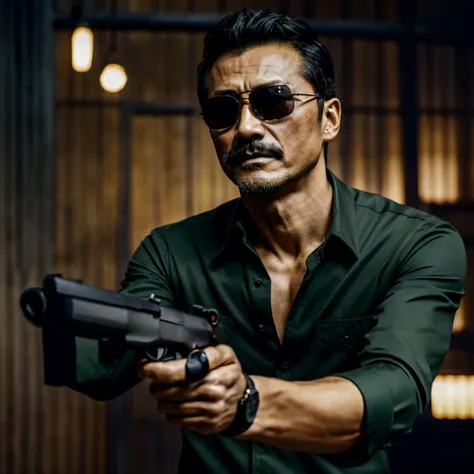 50 years old，hidetoshi nakata ，（kogoro mouri 1.3), a man in a dark green shirt, ray ban sunglasses, mustache，little beard, holdi...