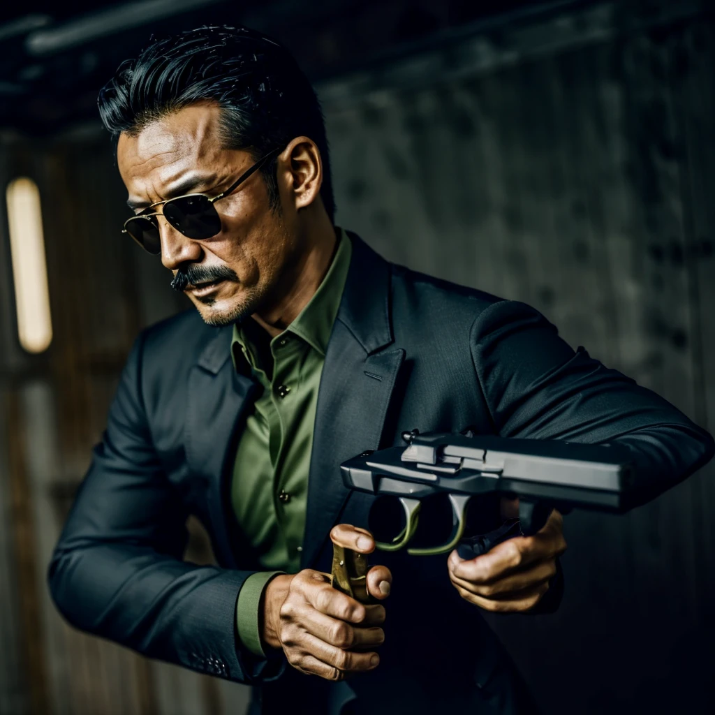 50 years old，Hidetoshi Nakata ，（Kogoro Mouri 1.3), a man in a dark green shirt, ray ban sunglasses, mustache，little beard, holding gun, shooting, combat, chaos, war crime, masterpiece，4k hd