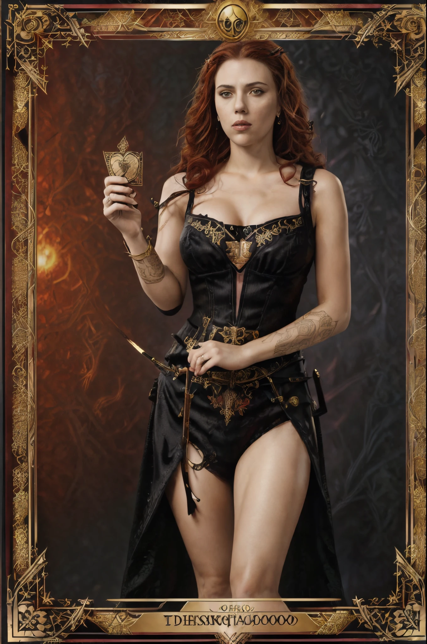 tarot cards，Full tarot border，(Image surrounded by tarot card style border:1.8), ，hades，The Grim Reaper armed with a giant scythe，(Scarlett Johansson （Scarlett Johansson）Playing with the）dressed in：black toga，with curly red hair，Roman mythology，8k wallpaper,Eyes of good quality，delicated face，correct hand， ultra - detailed, Beautiful and beautiful, tmasterpiece, Best quality at best, The is very detailed, dynamic angle, cow boy shooting, Chaos in its most beautiful form, Elegant, Fauvistdesign, Vibrant colors, romanticism lain, hell,  volcanoes，magma，skulls, bloods，Schiller，Scythe in hand，vintagestyle，（tangled，datura，Tangles，entangled）， (s fractal art: 1.3)，divinelight，gold foil，Gold leaf art，Flash drawing，Full tarot border，（full bezel 1.5），Fang Yi，（border centered：1.8）