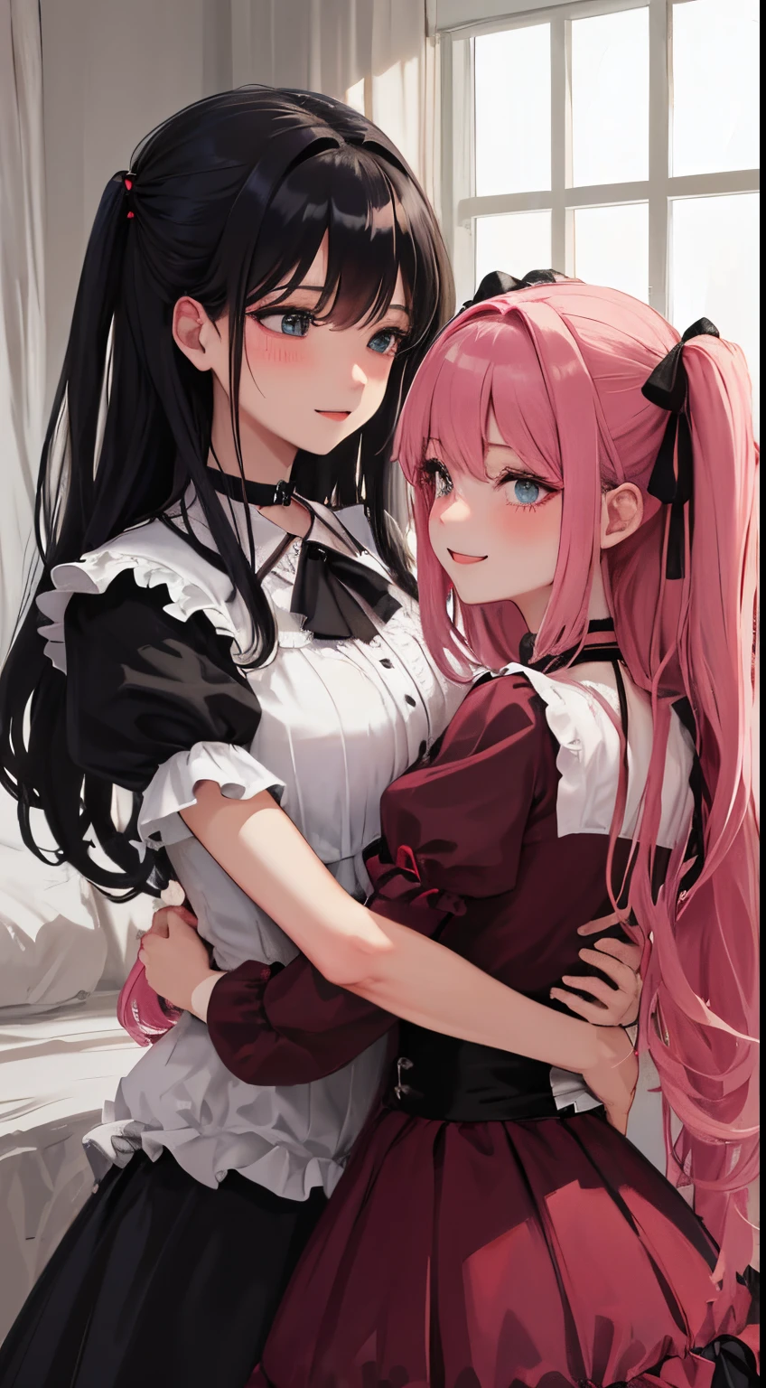 girl with2a person:1.8,(blush:1.1),Choker,Drunk、Two girls are kissing、top-quality、masutepiece、Blushing cheeks、Mine makeup、Yandere Images、black and red ta fashion、One person shortcuts、Colorful long hair、《Messy room》、bustup、The style is very good、two women appear、femele2a person