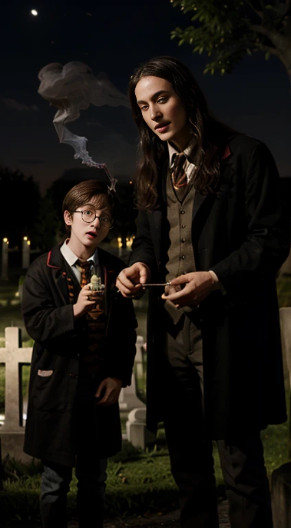 Cheerful Harry Potter and Lord Voldemord smoking marijuana in a cemetery, Moonlit night, surprised face, Masterpiece, red-eyes, hemp growing everywhere