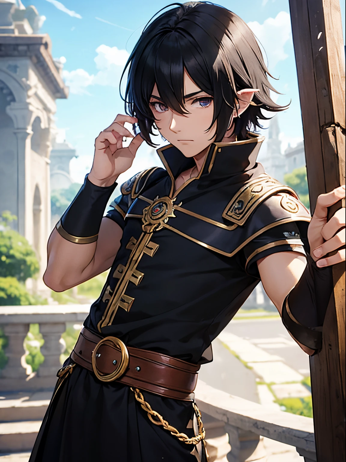 20 year old boy, cabello corto negro, orejas de elfo, traje de monk de ragnarok online, ojos negros, atletico,