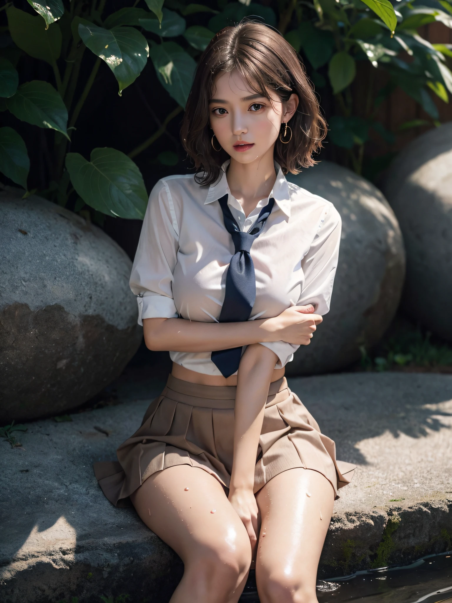 absurderes, Raw photo, Extremely delicate and beautiful, masutepiece, Best Quality, Ultra High Resolution, 16 K, hyper realisitic, Ultra-detailed, Perfect Anatomy, super detailed skin, Perfect figure, Very detailed CG 8k wallpaper, in her 20s, Very slim body, Narrow waist, Very small head, Very small face, Delicate facial features, tear moles, Earring, thin legs, (very massive round chest), (Full body shot), Short hair, (Wavy Hair), (light brown hair), (Wet clothes), ((1 rapariga)), ((School uniform)),