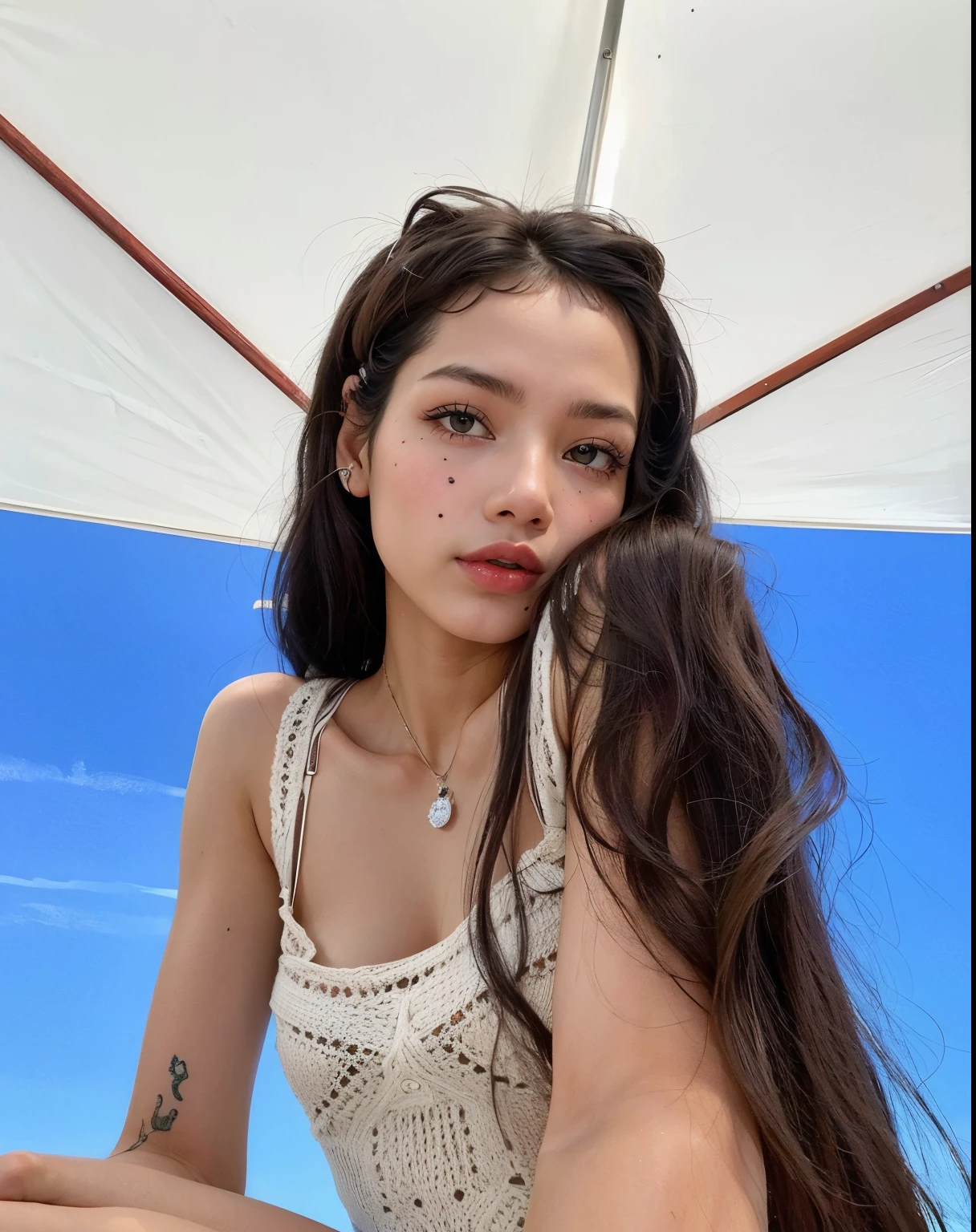 a close up of a woman with a tattoo on her arm, 🤤 retrato da , Ela tem cabelo preto com franja, de meninanesa com tatuagens, Beautiful Asian girl, menina bonit-cara, com tatuagem facial, kawaii retrato realista, com cabelos longos e olhos penetrantes, beautiful aesthetic face, com franja completa, com franja, Cruel Korean Gothic Girl Lalisa Manobal