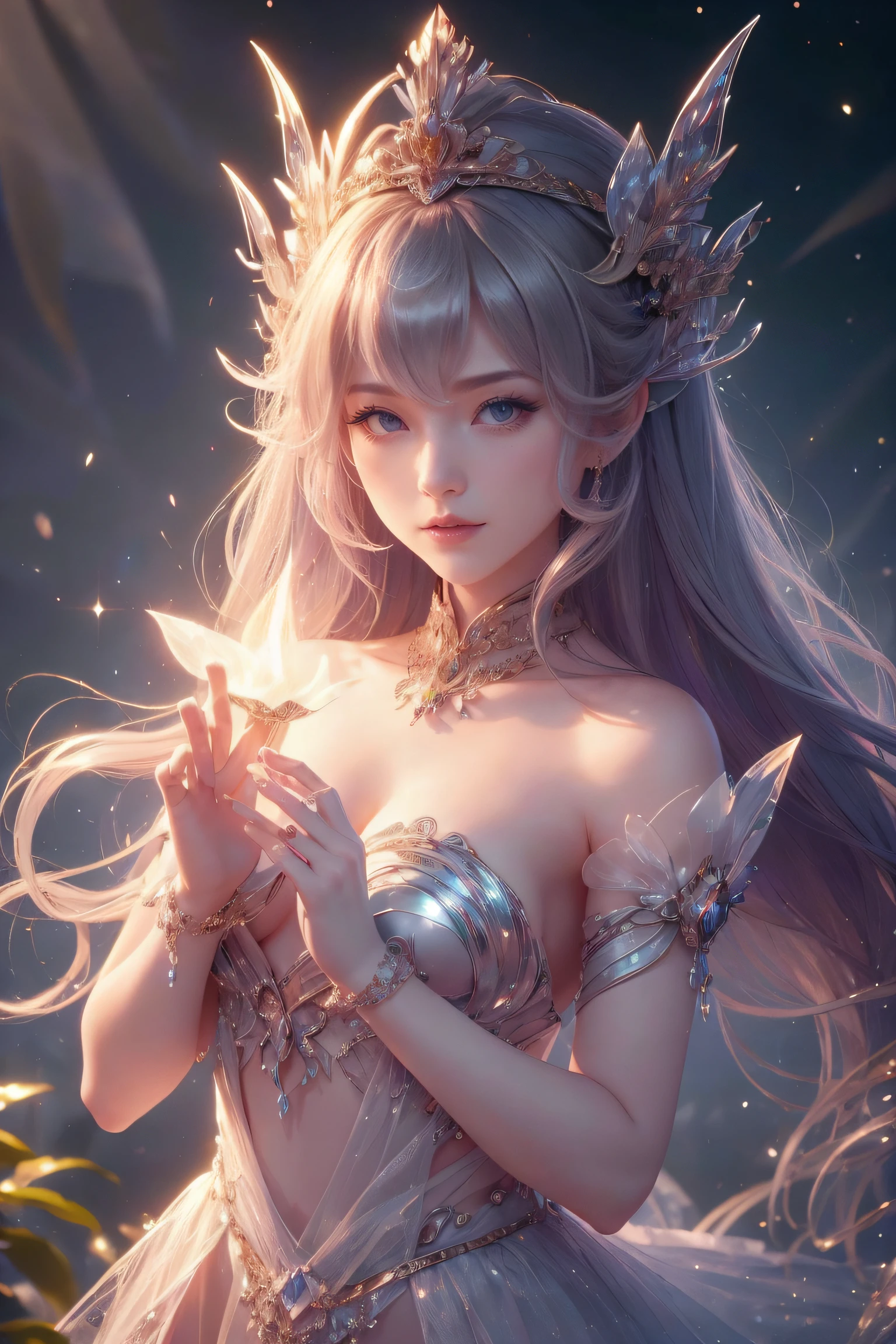 In a fantastic and mysterious world、Exquisite naked 18 year old dragon princess is in the hall々There is a sense of luxury in the air.。Her presence radiates nobility and strength..、Decorated with sparkling scales in a jewel-like milky hue。she is wearing a gorgeous hat、i have a lot of respect。Behind her、ancient tree々、glowing plants、Towering Mountains々々Decorated mythical landscape、reflects the grandeur of her kingdom。A magical aura echoes in the air、Reflecting the charm of her royal presence in an enchanting fantasy world。