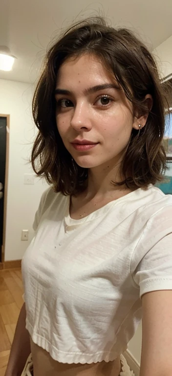 Gere uma imagem realista de uma jovem exploradora digital Ela tem 25 anos, tem olhos castanhos expressivos e cabelos pretos com brilho natural (((cabelo um pouco abaixo do ombro))). Its appearance is vibrant and authentic, reflecting a mix of curiosit (((ela esta tirando uma selfie com o rosto centralizado)))