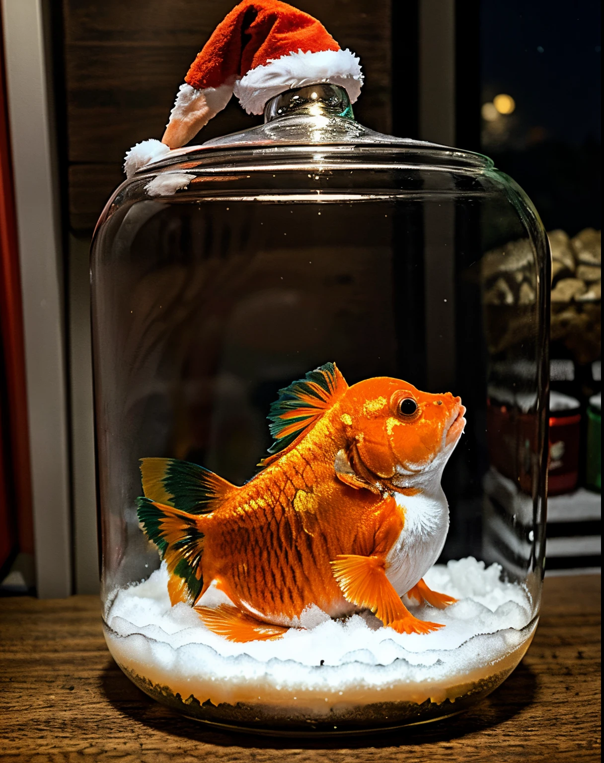 a real life image of a goldfish wearing a Santa hat at the North Pole around elves