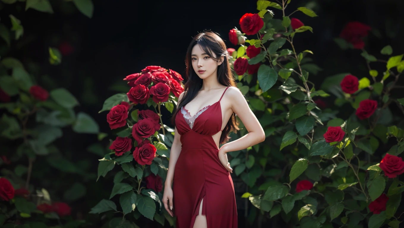 Araf woman in red dress posing in front of red rose bush, gorgeous young korean woman, beautiful Korean women, wearing red clothes, Sexy red dress, Red dress, in a red dress, beautiful young korean woman, Nam Jae-yeon, in a red dress, sexy for :8, Korean female fashion model, Korean girls