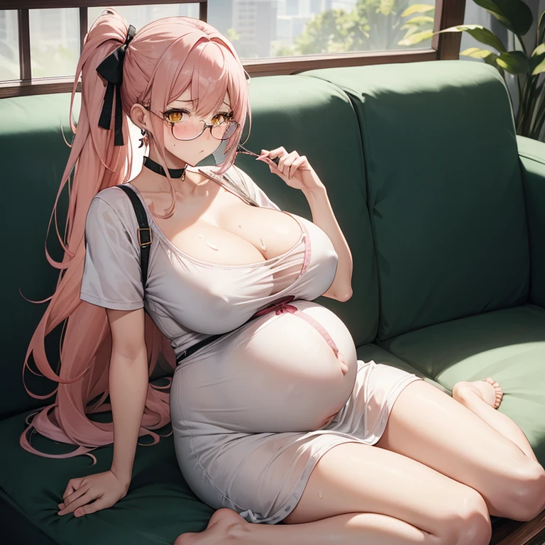 Full body girl, pregnant, huge belly, cum on belly, huge breasts, lactation, lactation through clothes, yellow eyes, glasses, shy, exhausted, earrings, hair ribbon, long hair, side ponytail, pink hair, tsundere, embarrassed, pout, visible belly, hands on belly, no bra, china dress, very thight clothes, barefoot, sitting on a sofa, best quality