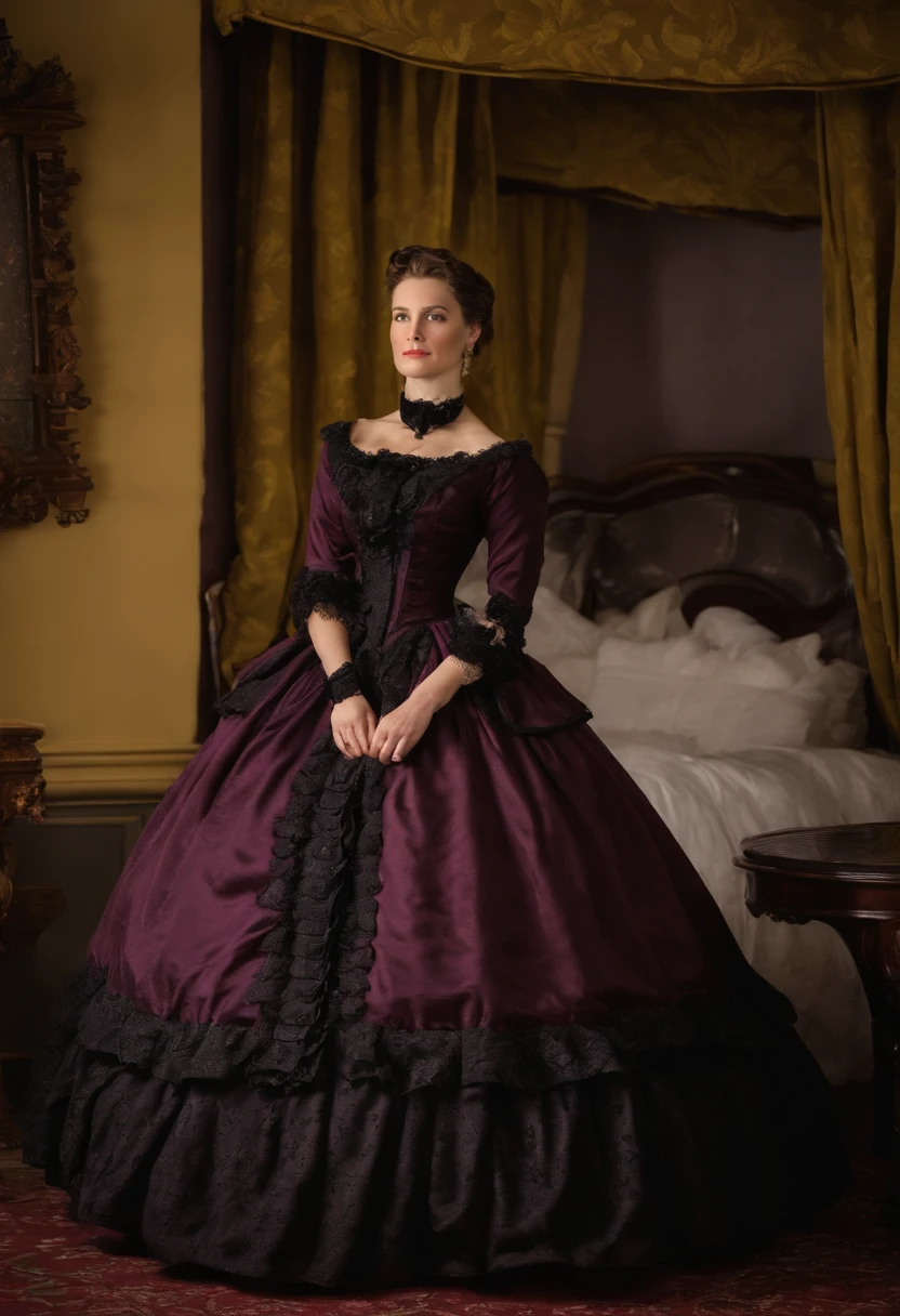 a woman standing in a yellow floral dress with black rose trim, wearing a black ballroom gown, standing inside a victorian bedroom with the main color of plum, victorian style costume, wearing 1860s era clothes, wearing 1850s era clothes, wearing 1 8 5 0 s era clothes, wearing 1 8 6 0 s clothes, full dress, victorian lady, wearing 1 8 5 0 s clothes, with victorian clothing
