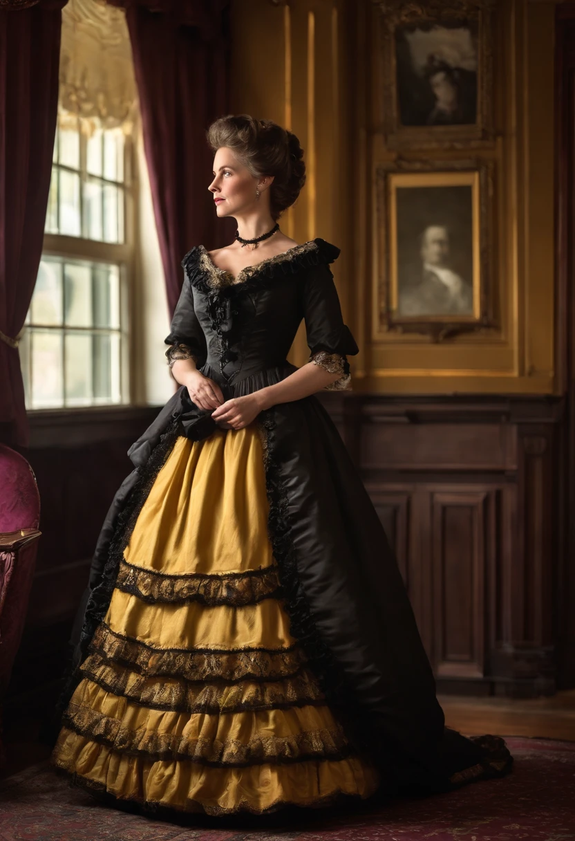 a woman standing in a yellow floral dress with black rose trim, wearing a black ballroom gown, standing inside a victorian bedroom with the main color of plum, victorian style costume, wearing 1860s era clothes, wearing 1850s era clothes, wearing 1 8 5 0 s era clothes, wearing 1 8 6 0 s clothes, full dress, victorian lady, wearing 1 8 5 0 s clothes, with victorian clothing