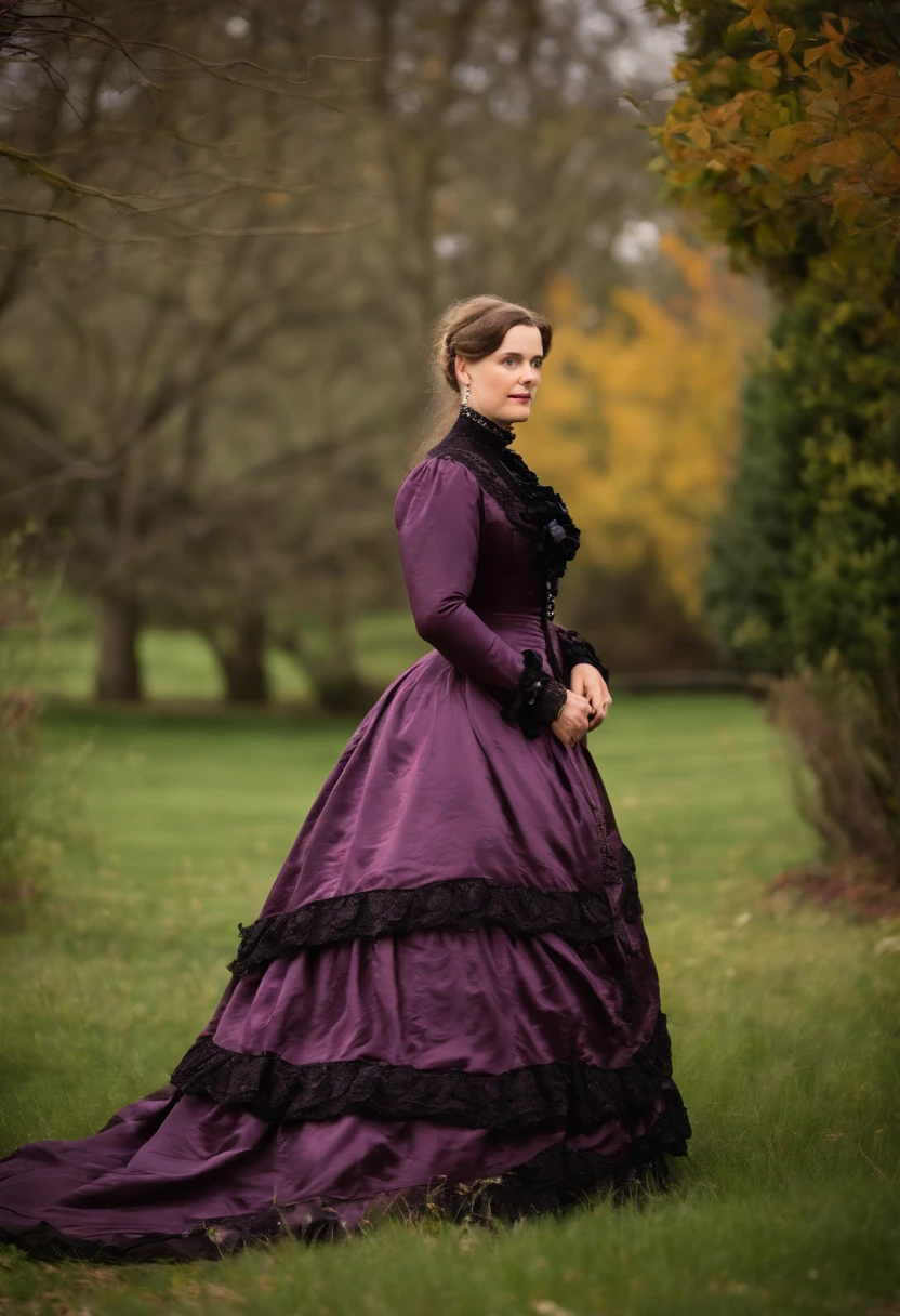 a woman standing in a yellow floral dress with black rose trim, wearing a black ballroom gown, standing inside a victorian bedroom with the main color of plum, victorian style costume, wearing 1860s era clothes, wearing 1850s era clothes, wearing 1 8 5 0 s era clothes, wearing 1 8 6 0 s clothes, full dress, victorian lady, wearing 1 8 5 0 s clothes, with victorian clothing