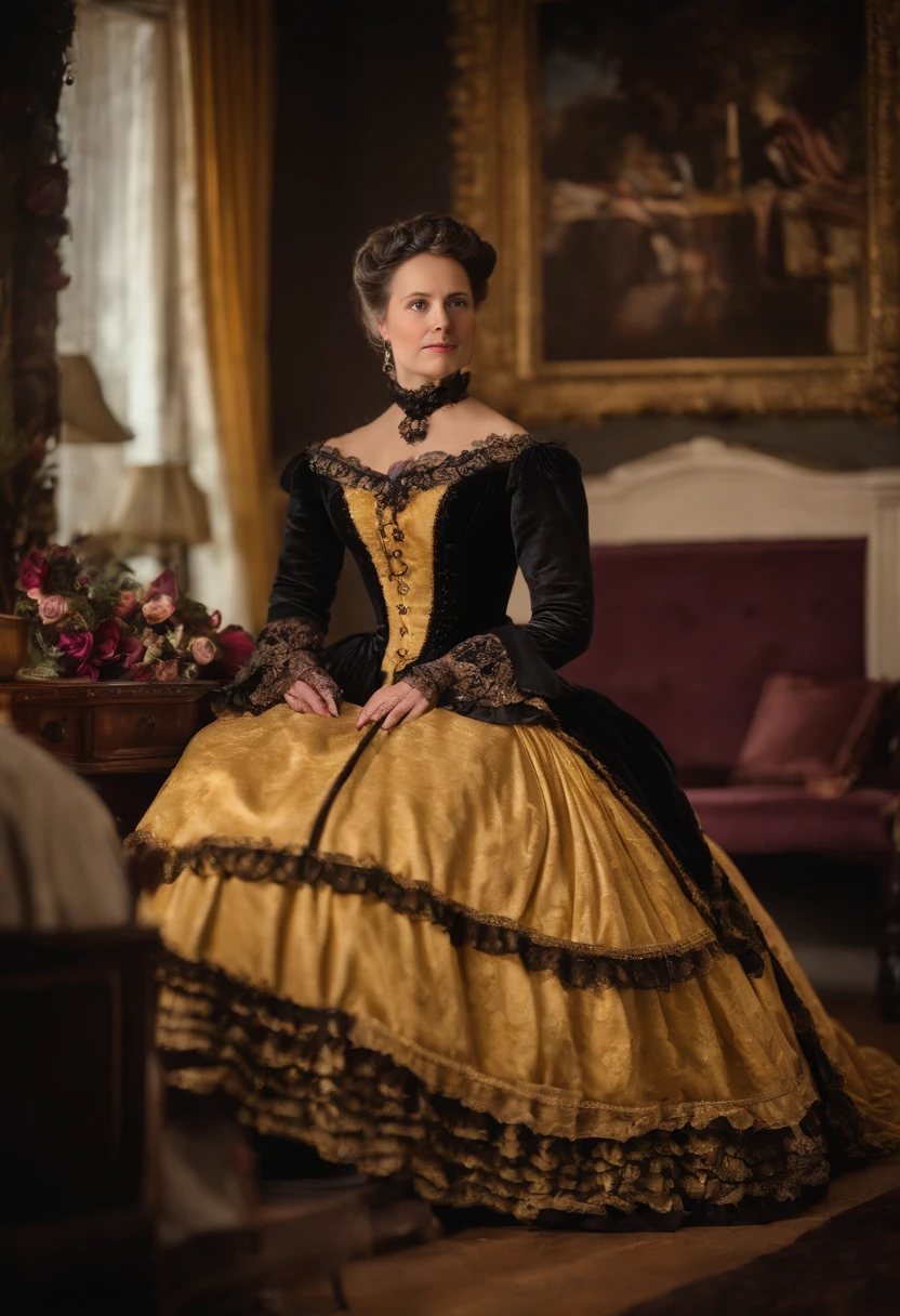a woman standing in a yellow floral dress with black rose trim, wearing a black ballroom gown, standing inside a victorian bedroom with the main color of plum, victorian style costume, wearing 1860s era clothes, wearing 1850s era clothes, wearing 1 8 5 0 s era clothes, wearing 1 8 6 0 s clothes, full dress, victorian lady, wearing 1 8 5 0 s clothes, with victorian clothing