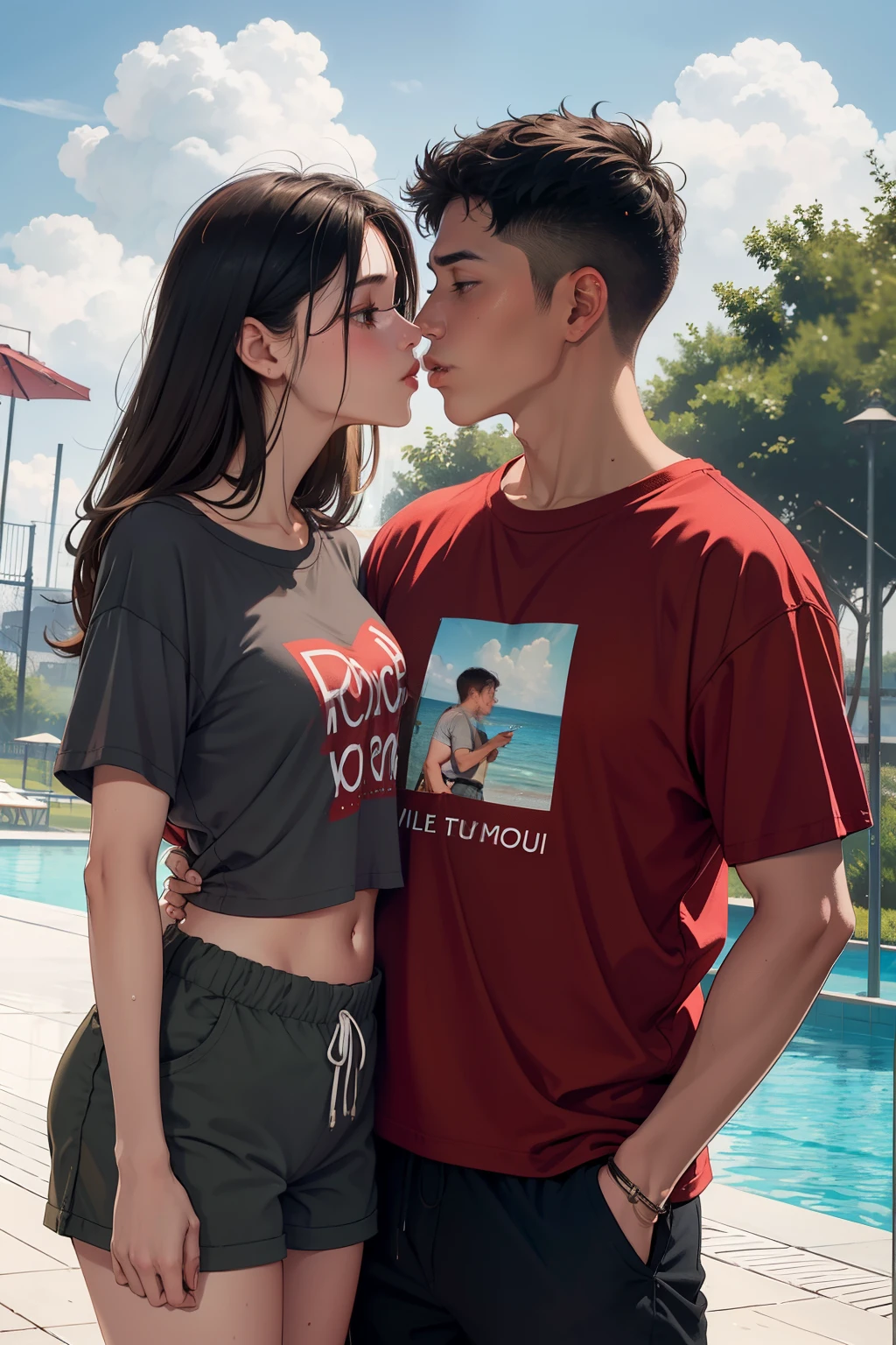 Man wearing oversized red t shirt and brown cargo shorts kissing a sexy woman wearing a olive green t shirt and grey shorts in a water park