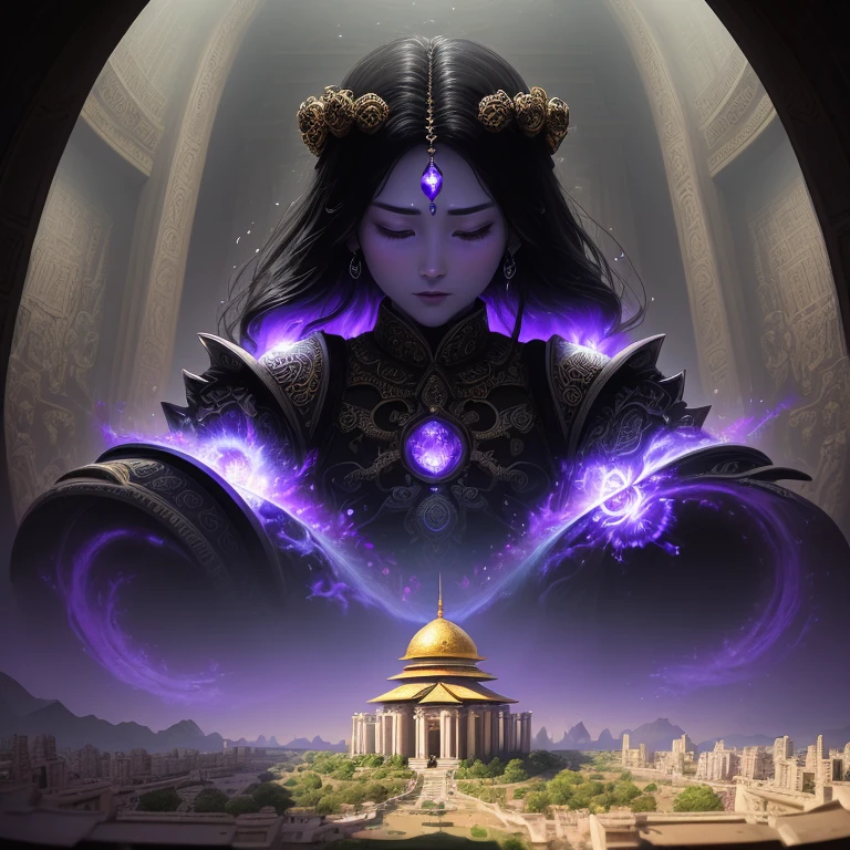 Absurd, high resolution, ultra-detailed, broken, design a beautiful temple scene, intricate Babylone architecture, lush gardens, and a sense of peace and spirituality. Broken, creating an image of a destructive energy purple color with terrifying features, dark powers and red powers, and a thirst for chaos and destruction. Broken, designed with a fisheye effect image that captures a wide field of view with a unique curved viewing angle. Break to create rooftop views in urban environments with panoramic cityscapes, dramatic skylines, and a sense of elevation. Break , illustrating the tender moments between black angel king and energy of purple color, capturing their bonds, love, and connection. Broken, using pointillism to illustrate images, carefully placed tiny dots of color to create a cohesive and visually stunning whole.