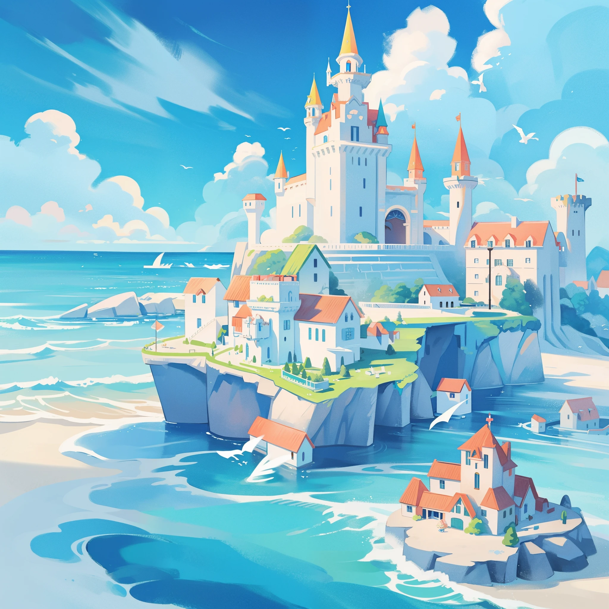 picture book illustration, watercolor storybook illustration, ((seaside castle)), (ocean beach), ((fantasy castle)), fairytale towers, clouds, vibrant pastel colors, dream, colorful, whimsical, magical, masterpiece, best quality, sharp focus, intricately detailed environment, fine detail, 8k resolution, (colorful), cute