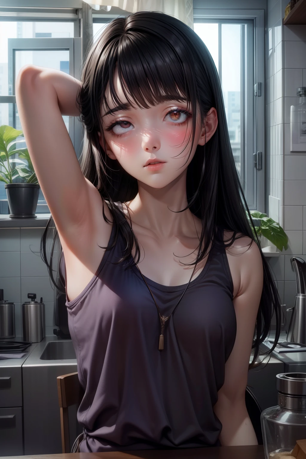 (short cute girl， young studeg delicate girl）,（masterpiece，Top quality)，squat，，short sleeve，Long twin tails with black hair，sleepy