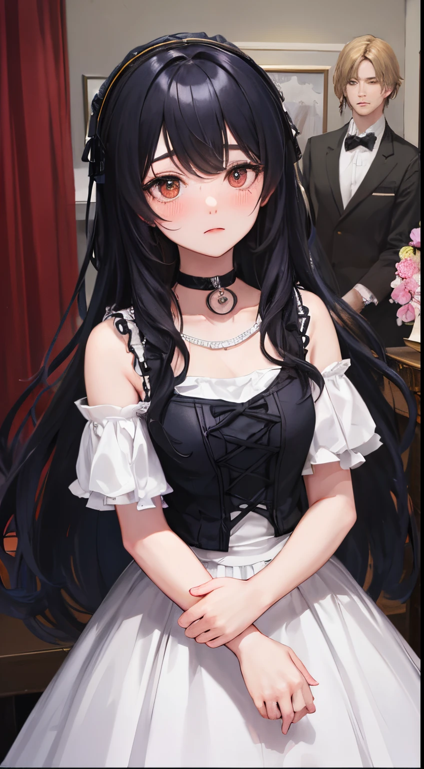 （（two people hugging in the room:1.8））,(blush:1.1),Choker,tome&#39;same as them&#39;having a physical fight、top-quality、masutepiece、Blushing cheeks、Mine makeup、Yandere Images、black and red lolita fashion、One person shortcuts、Colorful long hair、《Messy room》、bustup、The style is very good、two women appear、femele２a person
