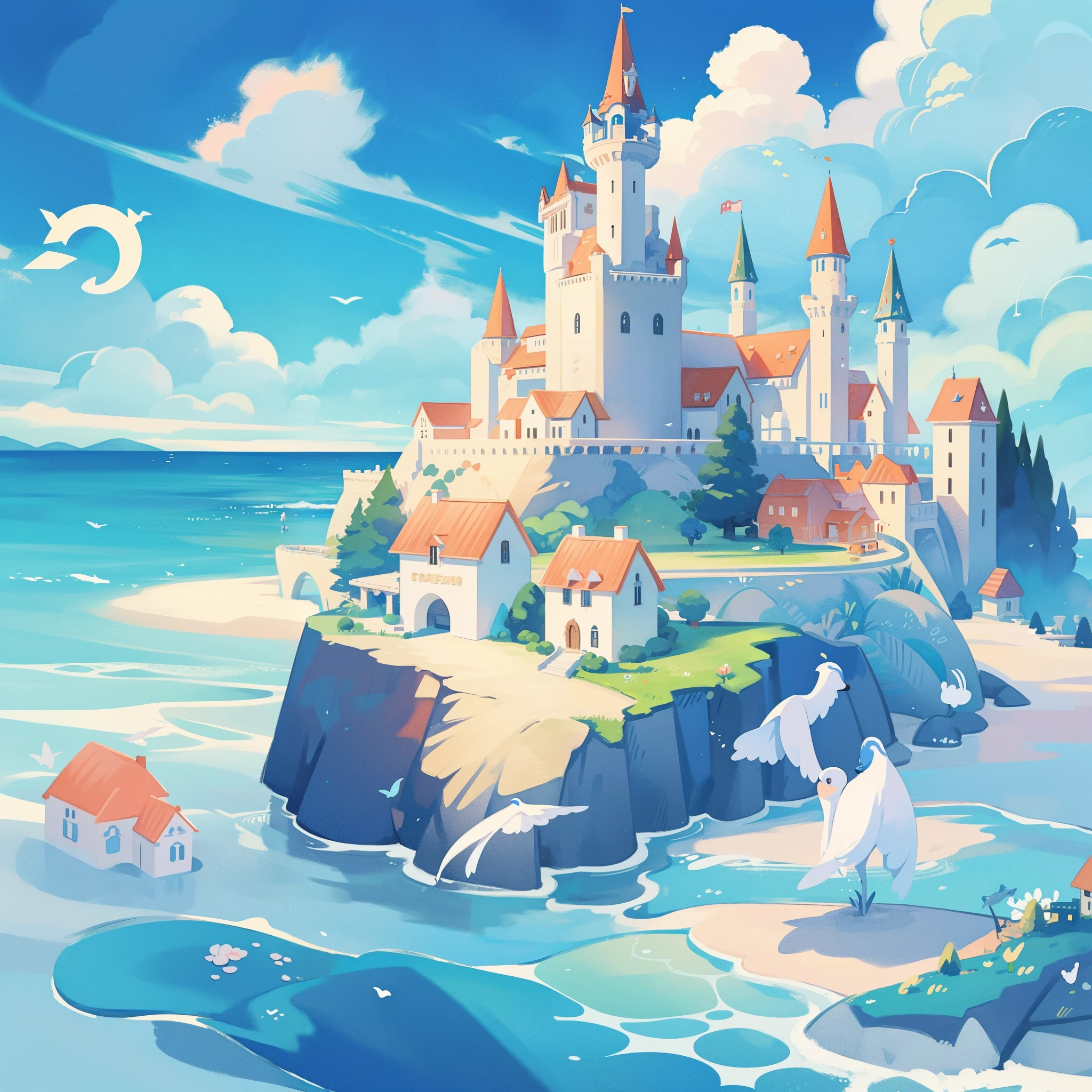 picture book illustration, watercolor storybook illustration, ((seaside castle)), (ocean beach), ((fantasy castle)), fairytale towers, clouds, vibrant pastel colors, dream, colorful, whimsical, magical, masterpiece, best quality, sharp focus, intricately detailed environment, fine detail, 8k resolution, (colorful), cute