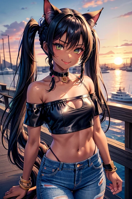nsfw、masterpiece、best quality、super detailed dark skin、1catgirl、(((adult woman face)))、jade green eyes、dark skin、cat ears、horse tail、hair/(braided side pigtails)、flipped hair、midnight black hair、cleavage、(arms free)、(shoulders free)、(neck free)、wrists/(bracelets:1.3)、upper arms/(leather wristbands:1.3)、top/(small torn top:1.3)、pants/(small tight torn denim hot pants)、background/(sunset city-harbor)、evil smile、mischievous face expression、sticking tongue out