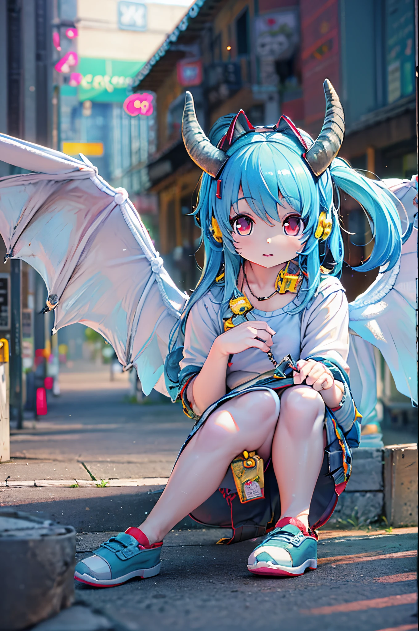 Anime girl with blue hair and horns on the street, 3D Realistic Anime, 2. 5 d cgi anime fantasy artwork, anime style 3D, Anime style. 8K, 4K Anime Style, Realistic anime in 3D style, deviantart artstation cgscosiety, digital anime art, Gwise Style Art Art, Detailed Digital Anime Art, White shirt, Dragon wings