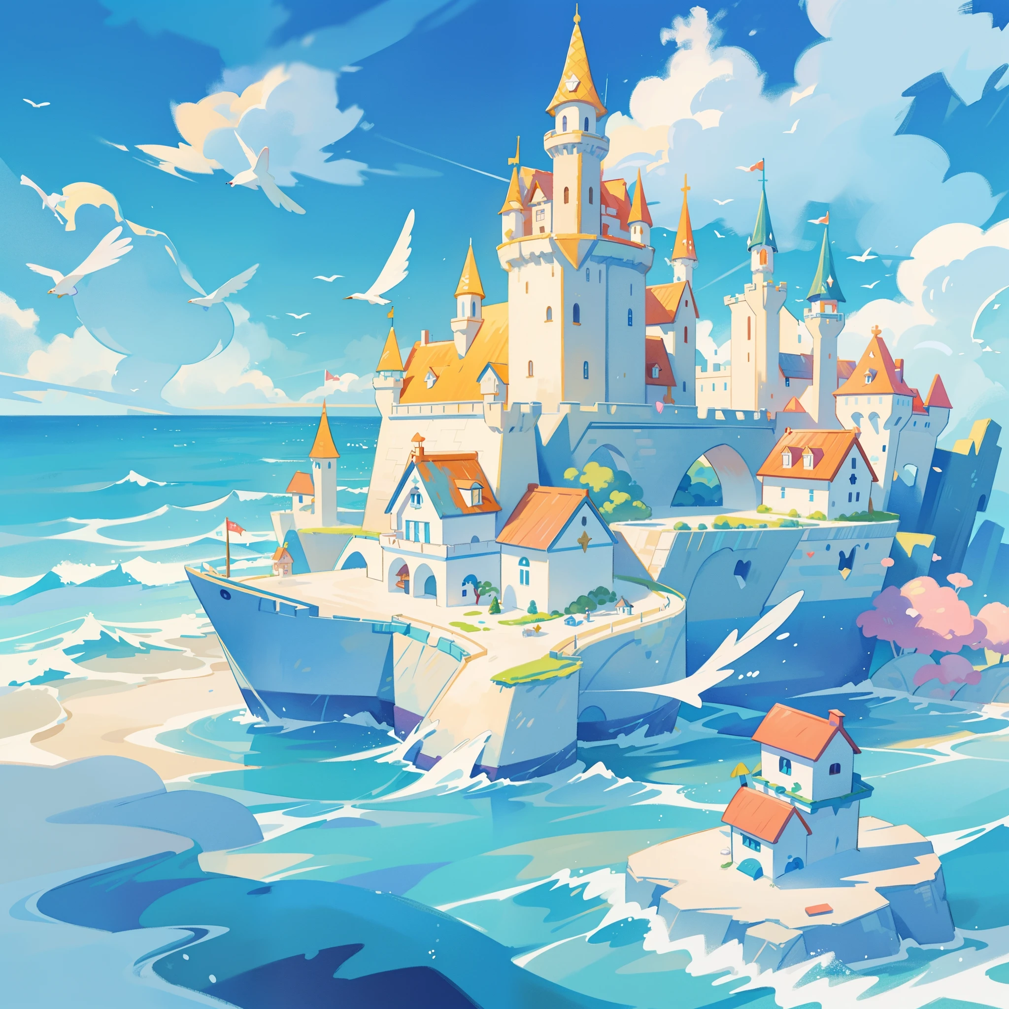picture book illustration, watercolor storybook illustration, ((seaside castle)), (ocean beach), ((fantasy castle)), fairytale towers, clouds, vibrant pastel colors, dream, colorful, whimsical, magical, masterpiece, best quality, sharp focus, intricately detailed environment, fine detail, 8k resolution, (colorful), cute