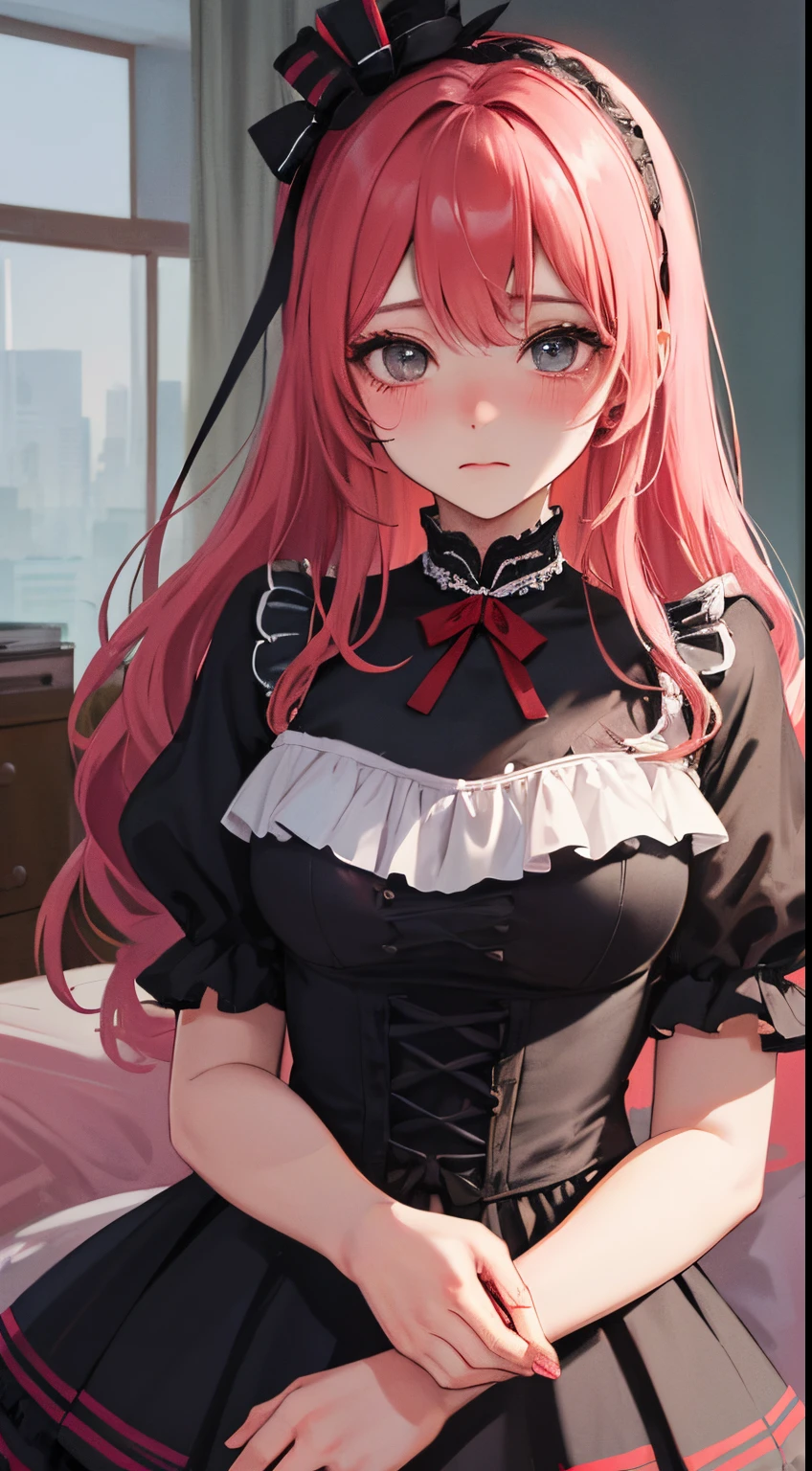 ((two people hugging in the room:1.8)),(blush:1.1),Choker,tome'same as them'having a physical fight、top-quality、masutepiece、Blushing cheeks、Mine makeup、Yandere Images、black and red lolita fashion、One person shortcuts、Colorful long hair、《Messy room》、bustup、The style is very good、two women appear、femele2a person