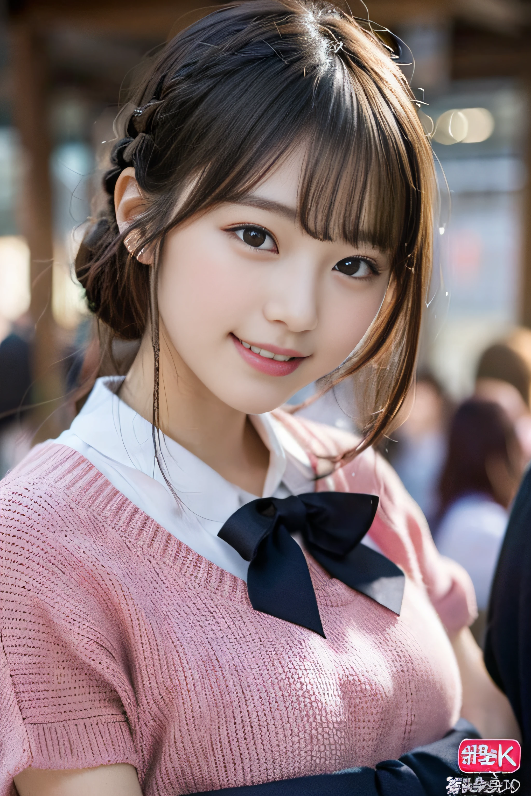 (8K、Raw photography、top-quality、masterpiece:1.2)、(realisitic、Photorealsitic:1.37)、ultra-detailliert、超A high resolution、女の子1人、see the beholder、beautifull detailed face、A smile、Constriction、(Slim waist) :1.3)、Beautiful detailed skin、Skin Texture、Floating hair、Professional Lighting、Whole human body、short-cut、Braided hairstyle、Bob Hair、E-cup、Happy smile、sixteen years old、Red ribbons、a baby face、Childish smile、Suppin、Moisturizing lips、Thin pink lips、Braided hairstyle、japanese hight school uniform、Japan High School Sailor Uniform、Black tie