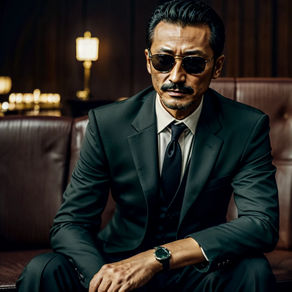 50 years old，Hidetoshi Nakata ，（Kogoro Mouri 1.3), a man in a dark green shirt and suit, ray ban sunglasses, mustache，little beard, mafia boss, war crime, masterpiece，4k hd