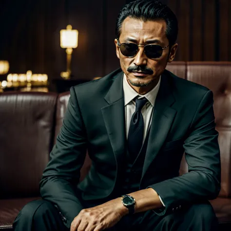 50 years old，hidetoshi nakata ，（kogoro mouri 1.3), a man in a dark green shirt and suit, ray ban sunglasses, mustache，little bea...