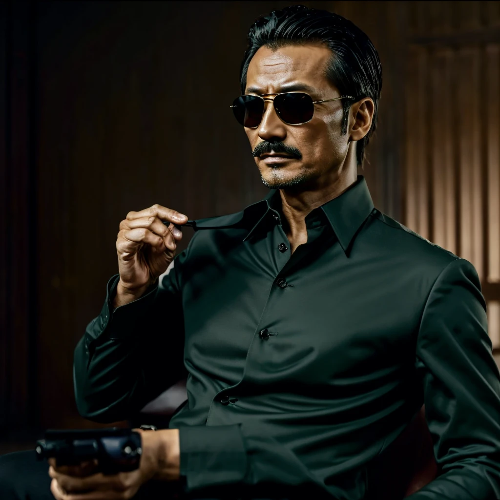 50 years old，Hidetoshi Nakata ，（Kogoro Mouri 1.3), a man in a dark green shirt and suit, ray ban sunglasses, mustache，little beard, mafia boss, war crime, masterpiece，4k hd