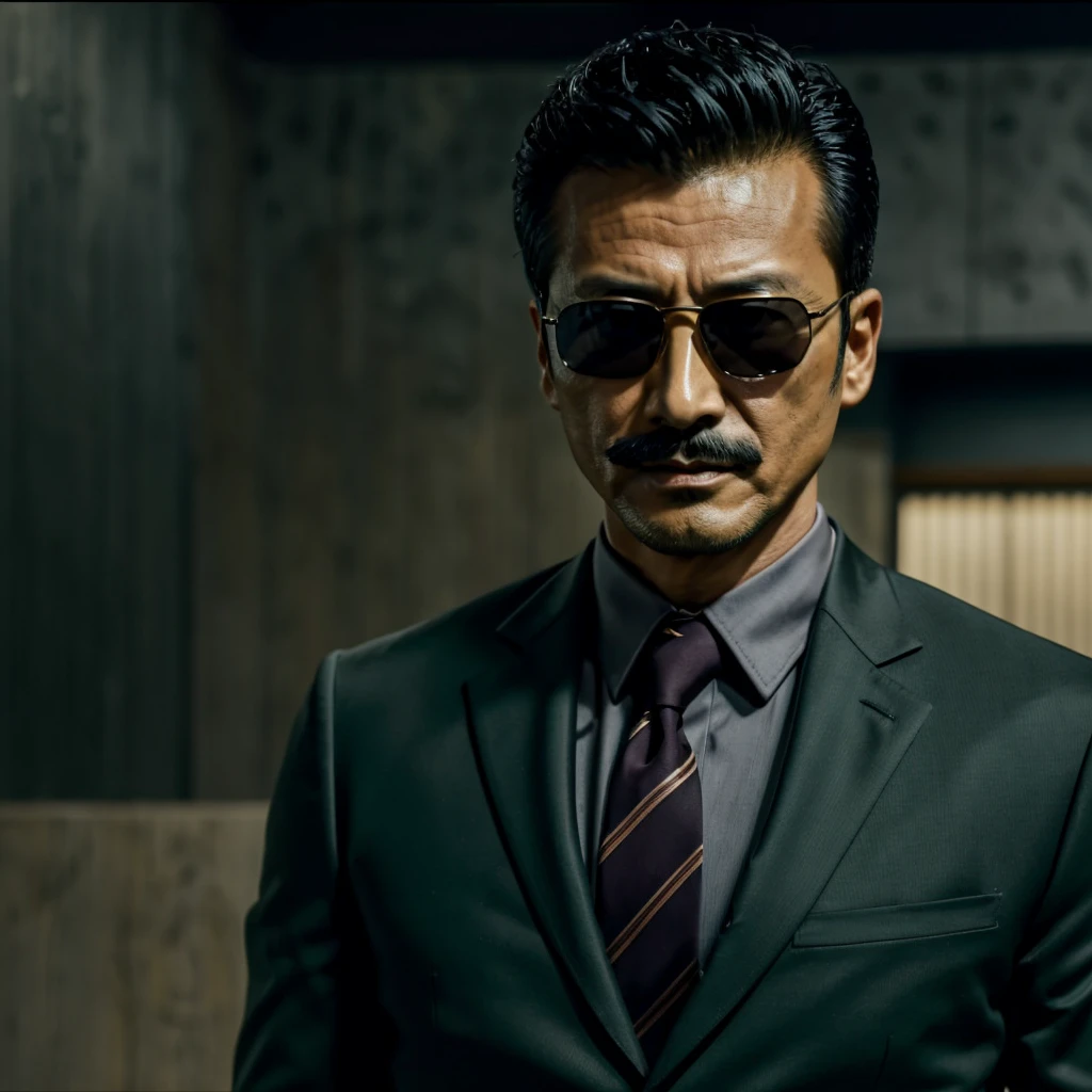 50 years old，Hidetoshi Nakata ，（Kogoro Mouri 1.3), a man in a dark green shirt and suit, ray ban sunglasses, mustache，little beard, mafia boss, war crime, masterpiece，4k hd