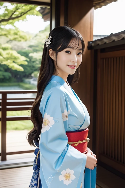 8K,top-quality,ultra-detailliert,​masterpiece,realisitic,{{{Photo Real}}},Live Action,extremely detailed cute girl,1８age,One,sophisticated gravure idol,Young Gravure Idol,Young Pretty Gravure Idol,Realistic Young Gravure Idol, Young skinny gravure idol,ruddy lips,looking at the viewers,{{fully body photo:1.７}},Cute girl in kimono, traditional geisha clothing, A kimono with long hanging sleeves worn by unmarried women,wearing royal kimono, royal attire akira, from sengoku period, Traditional Japan kimono, inspired by Uemura Shōen, palatial palace ， inspired by Sesshū Tōyō, heian, sky blue kimono,Kimono with cosmos hem pattern,Clean long black hair:1.7,Ponytil:1.1,beauitful face:1.3,perfectly proportions:1.2,Mega-breasted:1.３,Textured skin,Very cute smile:1.3,Slender face:1.7,sexy facial expression,from the front side:0.7,bare hand,Left and right symmetrical eyes,The face is illuminated,to the hem of the kimono,{{Full body photo:1.7}},low angles:1.７,Kazehi Prayer Shrine in the Inner Shrine of Ise Shrine、Soft spring sunshine、