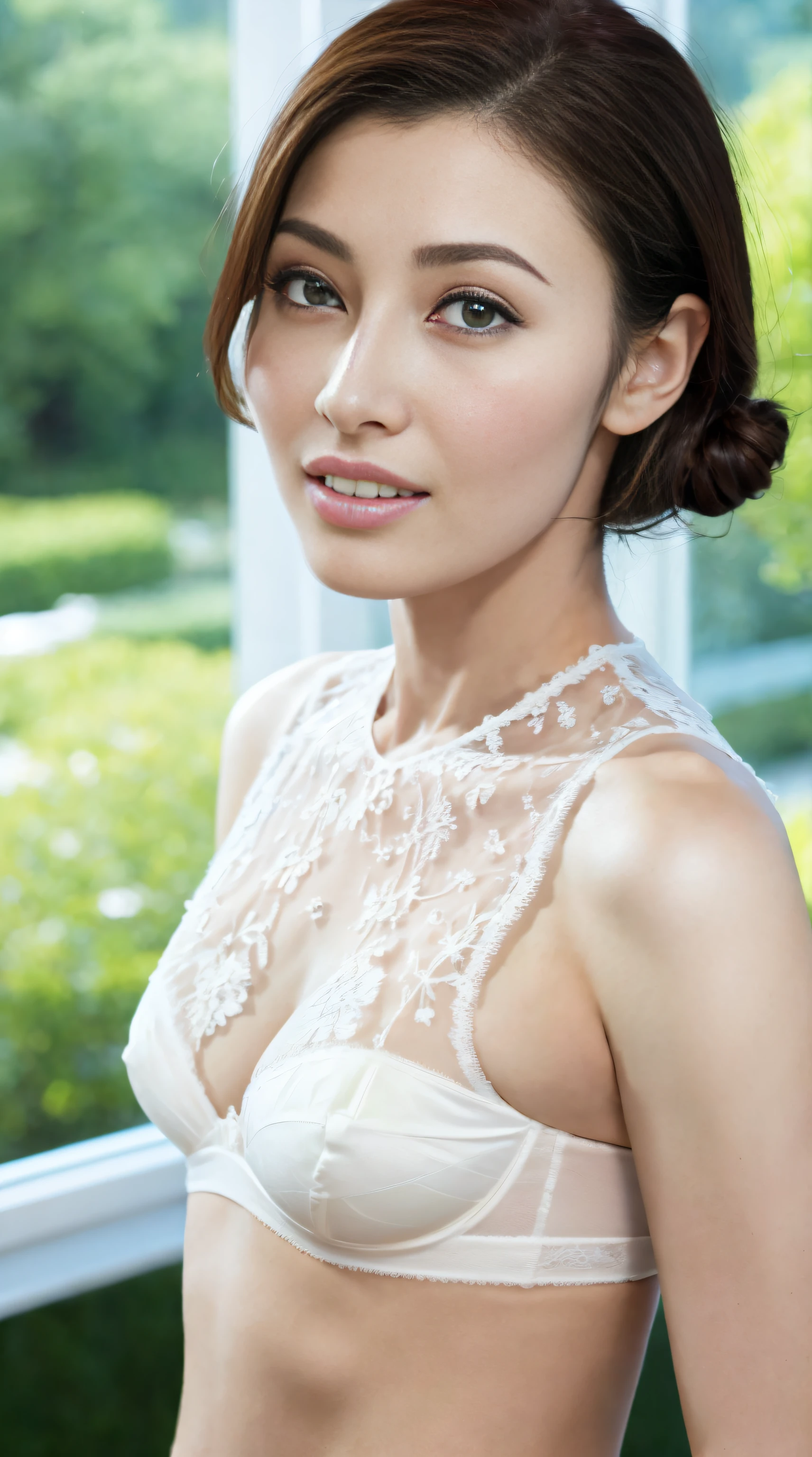 a fashion model，18yr old， [[[[Close-up cleavage]]]], [[[[climaxing]]]], [[[[Cole]]]], [[[[bshoulder]]]], perfect  eyes, Perfect iris，perfect lips，perfect teeth，Perfect Skin，with fair skin，HighDynamicRange，Movie Girl，(delicated face)，(Highly defined faces)，((White lace underwear))，The background is indoors，green trees outside the window，fresh flowers，4K Ultra HD, 超高分辨率, (realistically: 1.4), Best quality，tmasterpiece，（pastel colour：1.2）