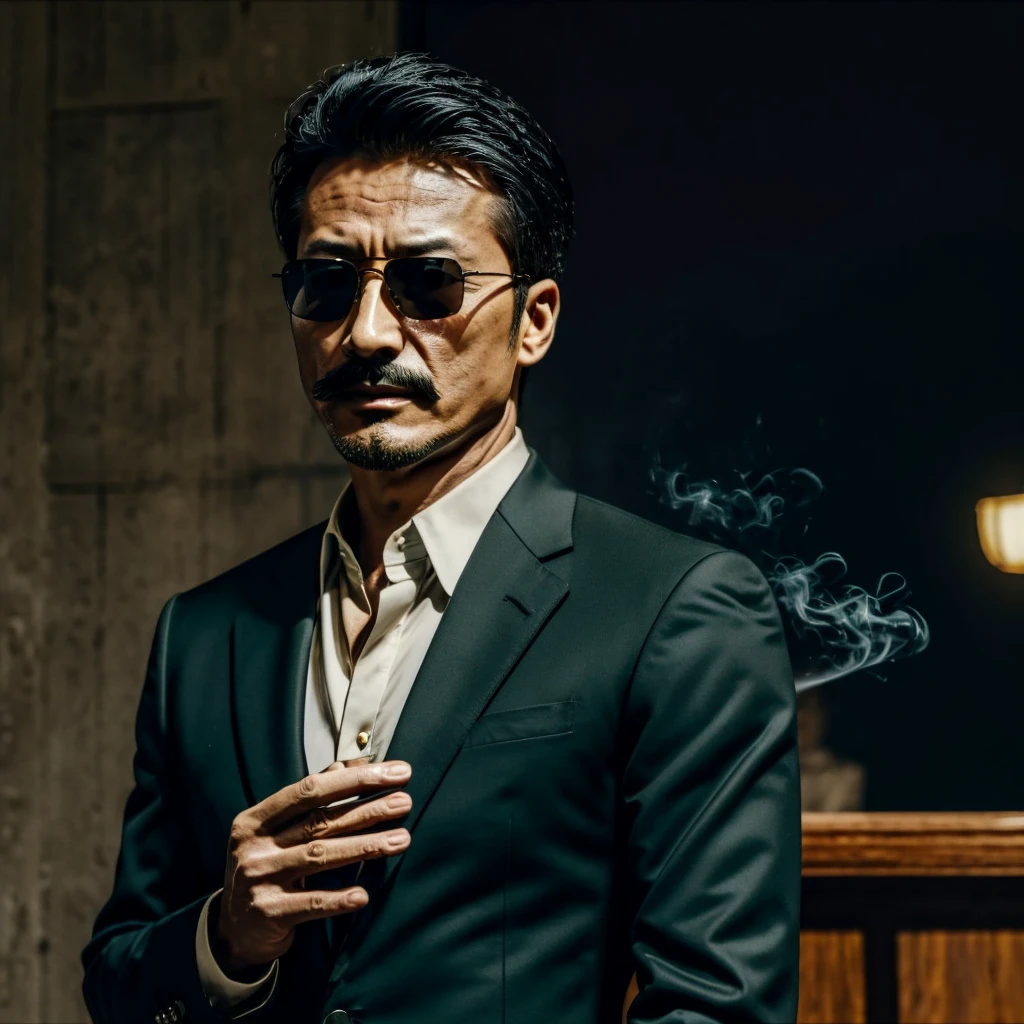 50 years old，Hidetoshi Nakata ，（Kogoro Mouri 1.3), a man in a dark green shirt and suit, ray ban sunglasses, mustache，little beard, mafia boss, smoking, war crime, masterpiece，4k hd