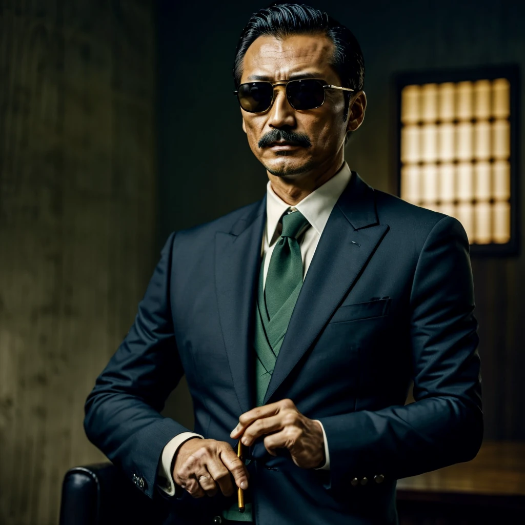 50 years old，Hidetoshi Nakata ，（Kogoro Mouri 1.3), a man in a dark green shirt and suit, ray ban sunglasses, mustache，little beard, mafia boss, smoking, war crime, masterpiece，4k hd