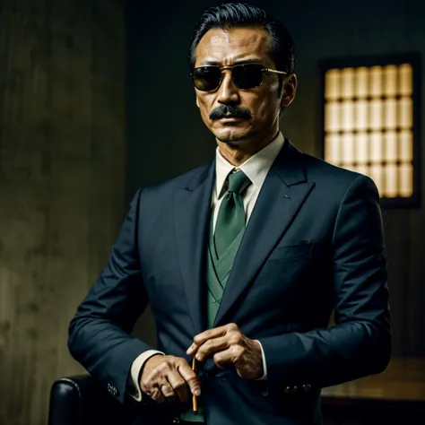 50 years old，hidetoshi nakata ，（kogoro mouri 1.3), a man in a dark green shirt and suit, ray ban sunglasses, mustache，little bea...